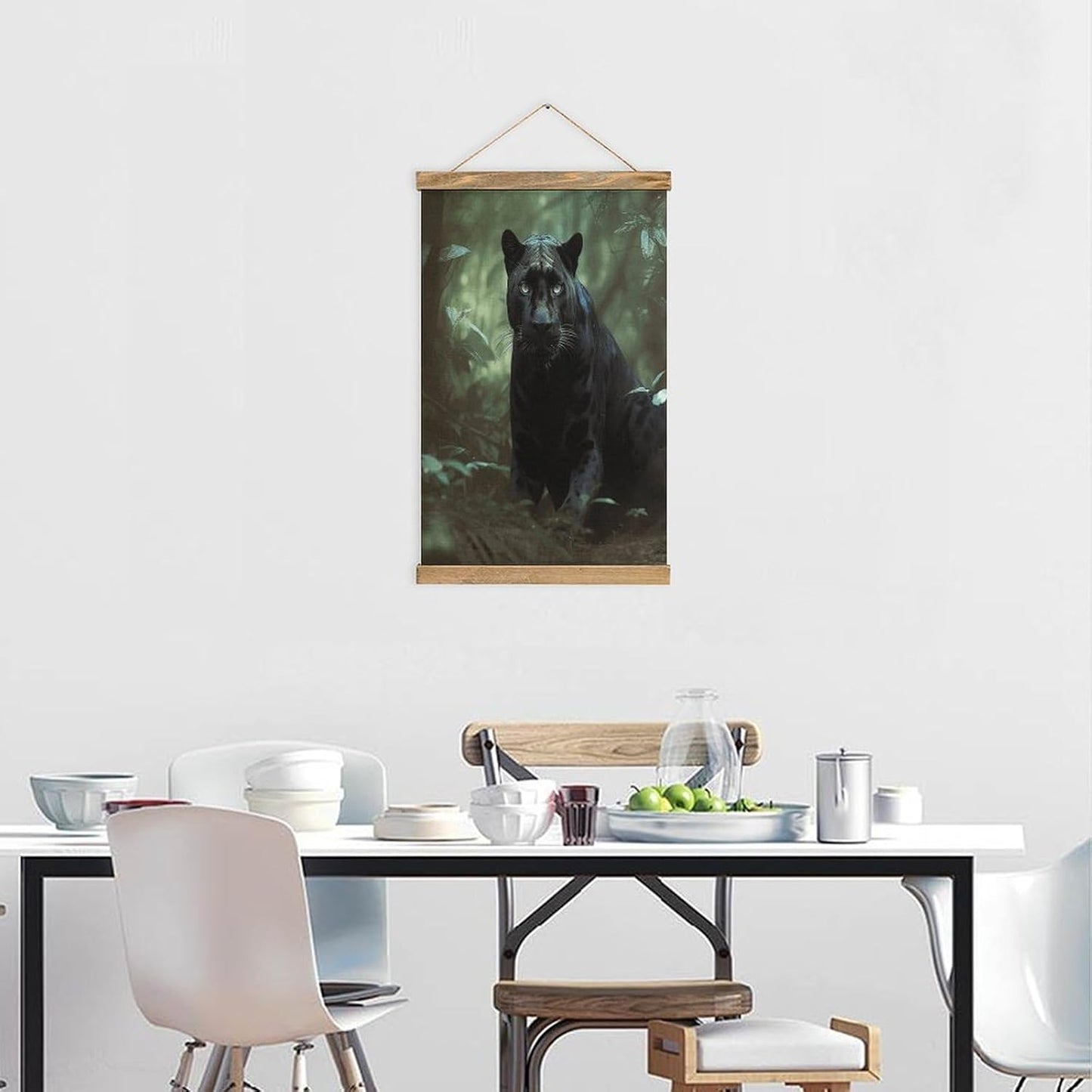 Vintage Forest Panther Poster with Wooden Frame Personalized Linen Hanging Scroll Painting Rustic Wall Hanging Illustrative Modern Artwork Decor for Home Living Room Bedroom Office