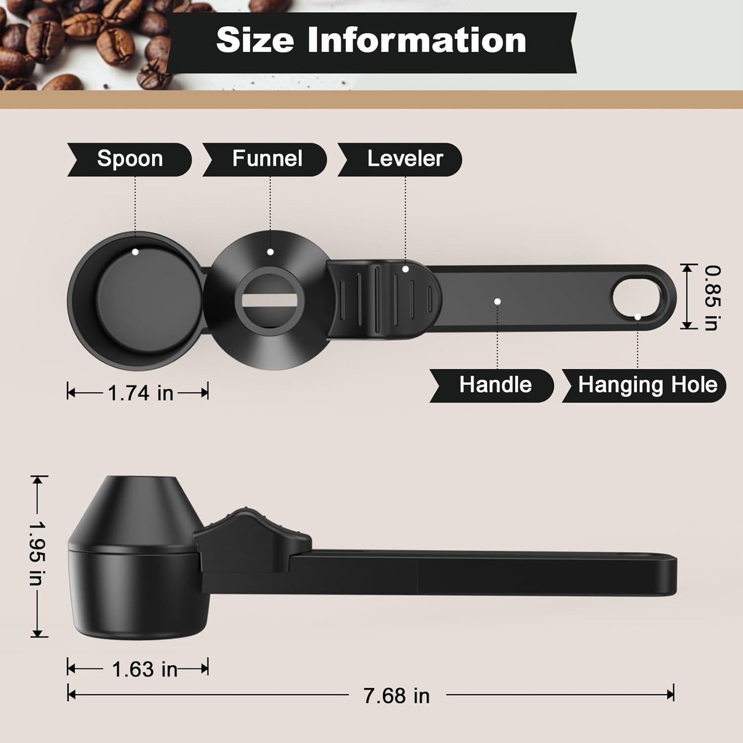 Coffee Scoop & Funnel for Reusable K Cup Refillable Coffee Pods, Coffee Measuring Spoon 2 Tablespoon Capacity, Scoop with Funnel for Ground Coffee, Protein Powder, Tea (Black, 1 Pack)
