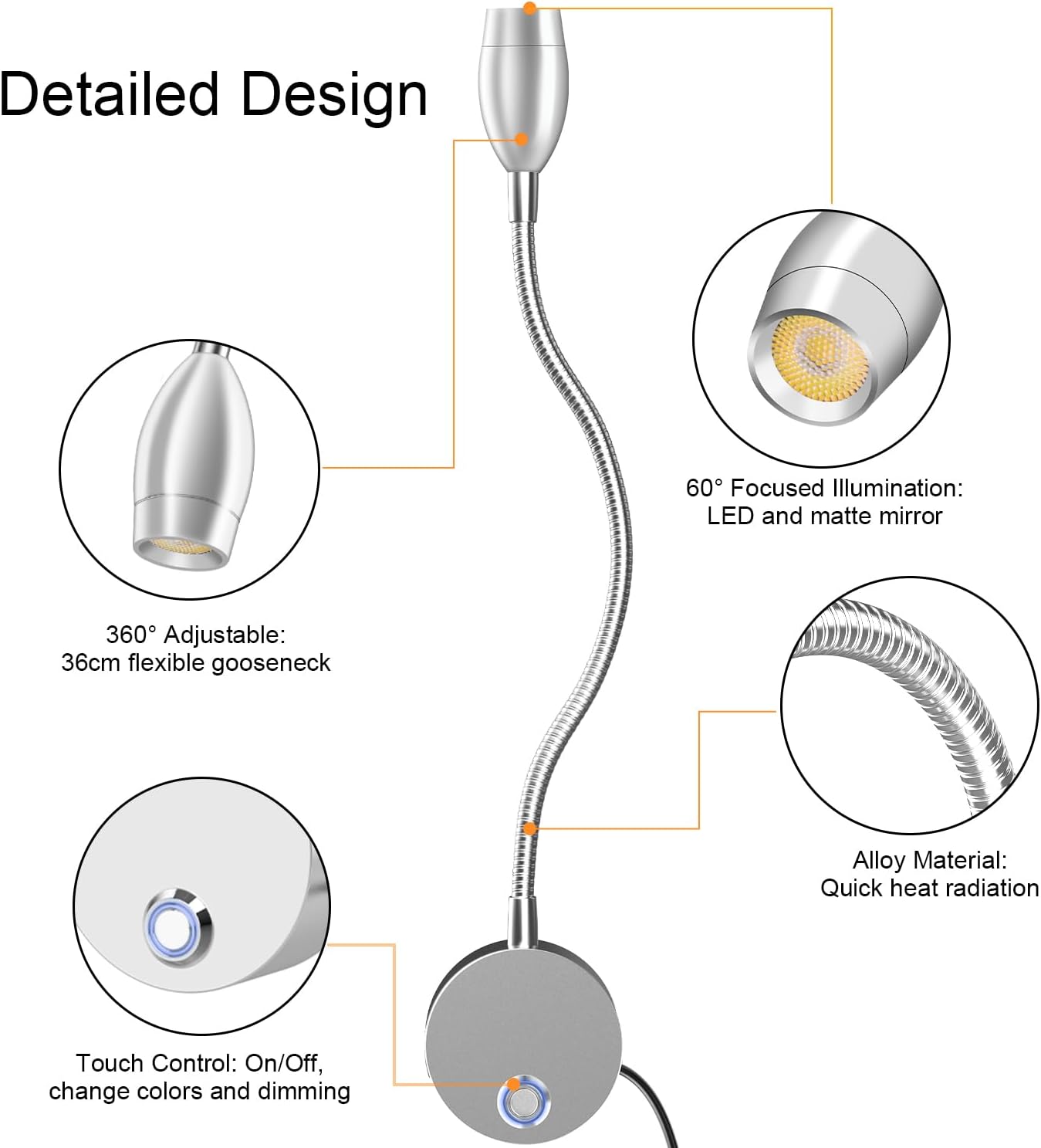 Wall Mounted LED Reading Light with 360° Flexible Gooseneck, Dimmable Bedside Reading Lights for Books In Bed, Plug In Headboard Night Lights, Eye-Caring, 3 Colors Temperature, Touch Control-2 Pack