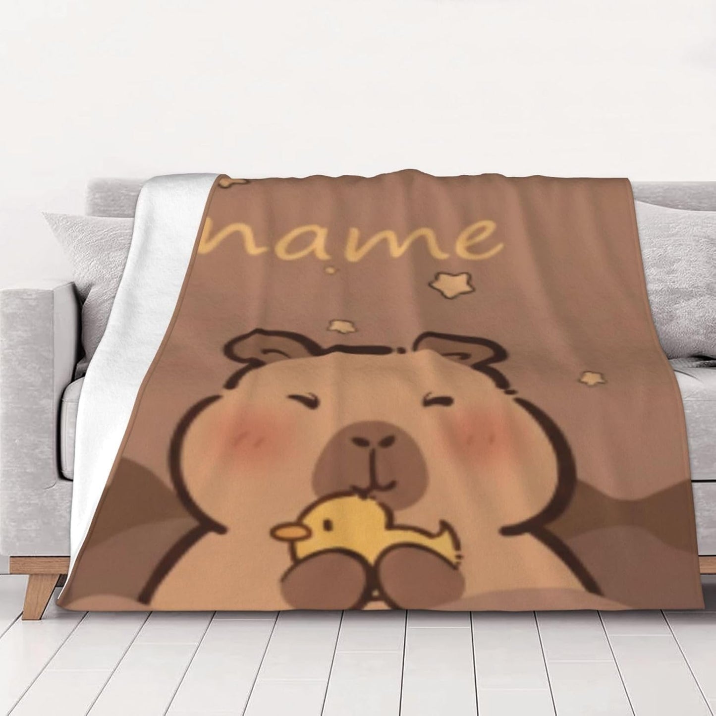 Personalized Capybara Blanket with Name - Custom Soft Flannel Fleece Throw - Cute Kawaii Animal Holding Duckling Design - Heartwarming Gift for Kids, Teens & Capybara Lovers
