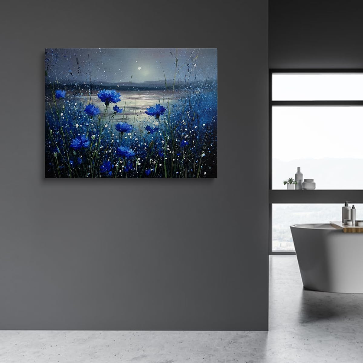 Beautiful Blue Cornflowers Moonlit Lake Landscape Canvas Wall Art - Tranquil Nature Home Decor for Living Room & Bedroom Bathroom - HD Waterproof Stretched Framed Art Print Ready to Hang 12x16 Inches