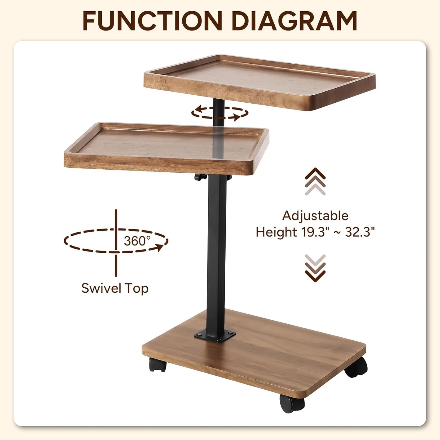 Adjustable C Table End Table, Side Table C Table with Wheels,360° Rotatable (20.7-34.9inches) Height Adjustable for Sofa/Bed/Bathtub, Walnut Wood & Black (15.7x11.8)
