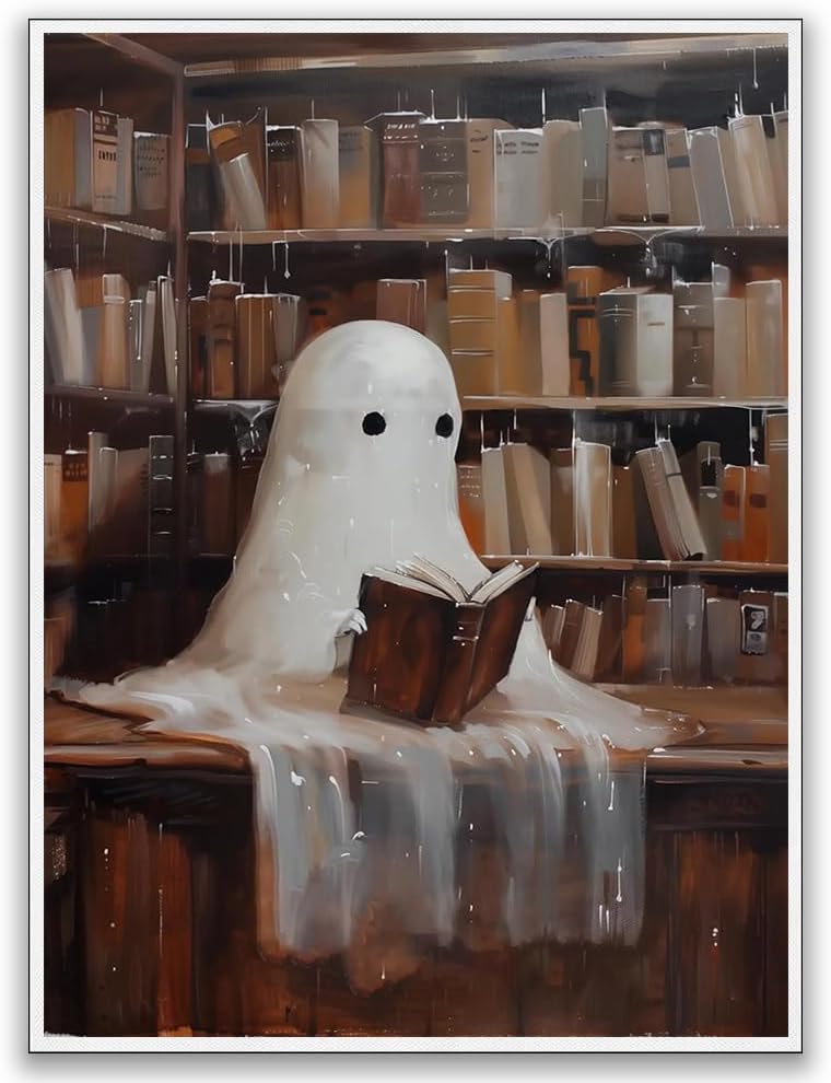 Vintage Cute Ghost Canvas Wall Art,Cute Ghost Reading in Library Halloween Cottagecore Decor,Gothic Dark Academia Wall Decor, Vintage Wall Art Poster Ghost Halloween Pictures 12x16in Unframed