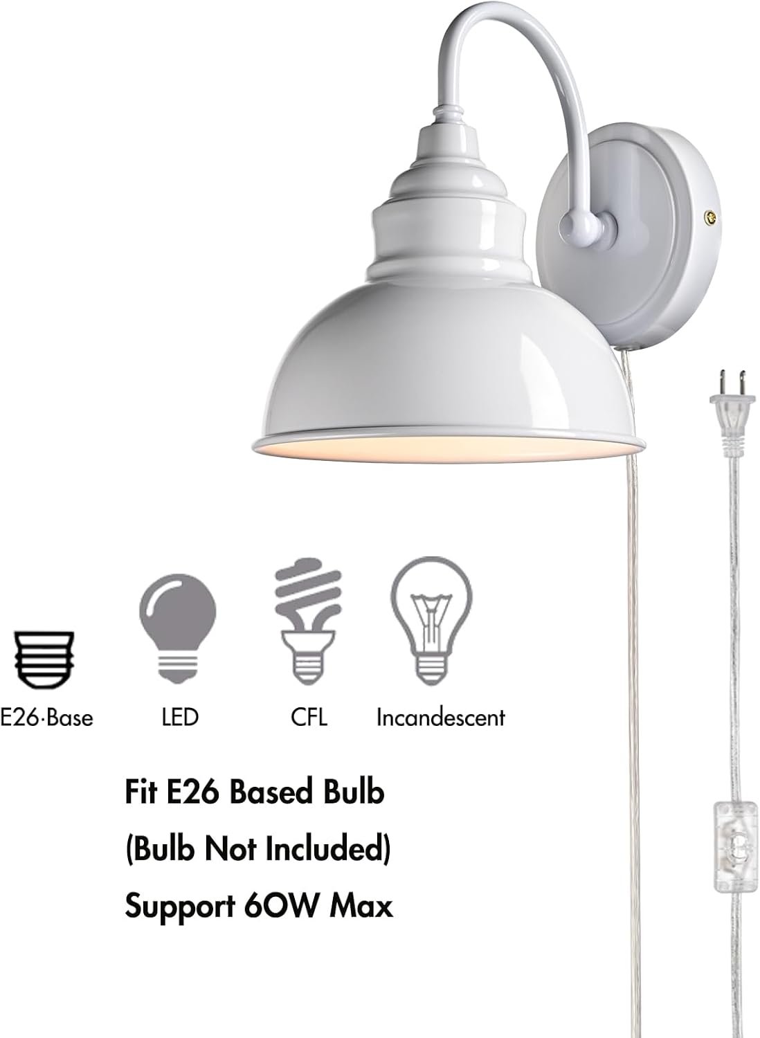Bright White Modern Wall Light Fixture Plug-in Wall Sconce 7-inch Gooseneck Wall lamp for Bedroom Living Room Porch Entryway Garage