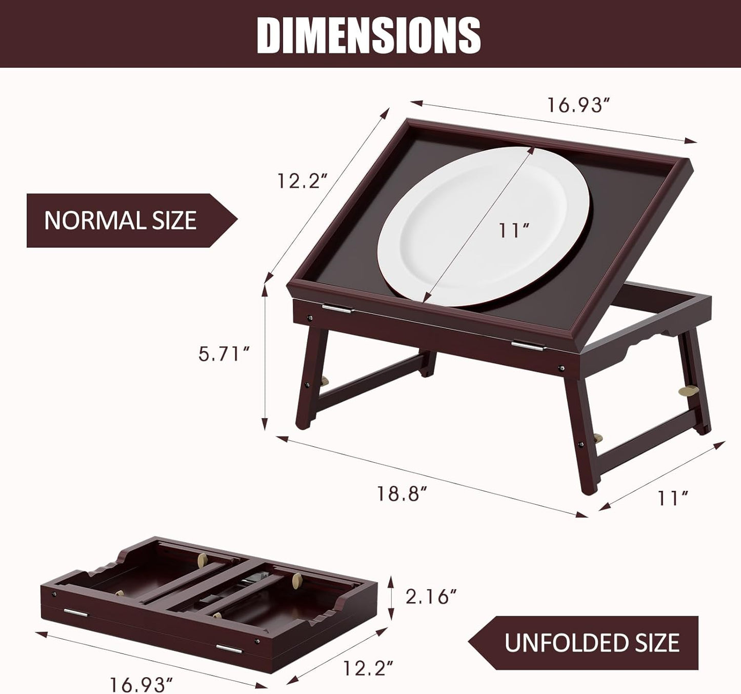 Bamboo Adjustable & Foldable Bed Tray Table with Ergonomic Handle, 17x12in Breakfast Tray for Eating, Laptop Desk, Sofa Snacking, Non-Slip Surface (Mahogany)