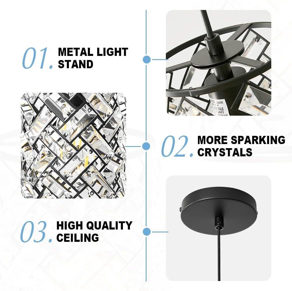 Black Pendant Lights Kitchen Island, Mini Crystal Modern Kitchen Pendant Lighting Over Sink with 10.2" Clear Glass Shade Chandeliers, Adjustable Pendant Light Fixture for Dinning Room Bedroom Entryway