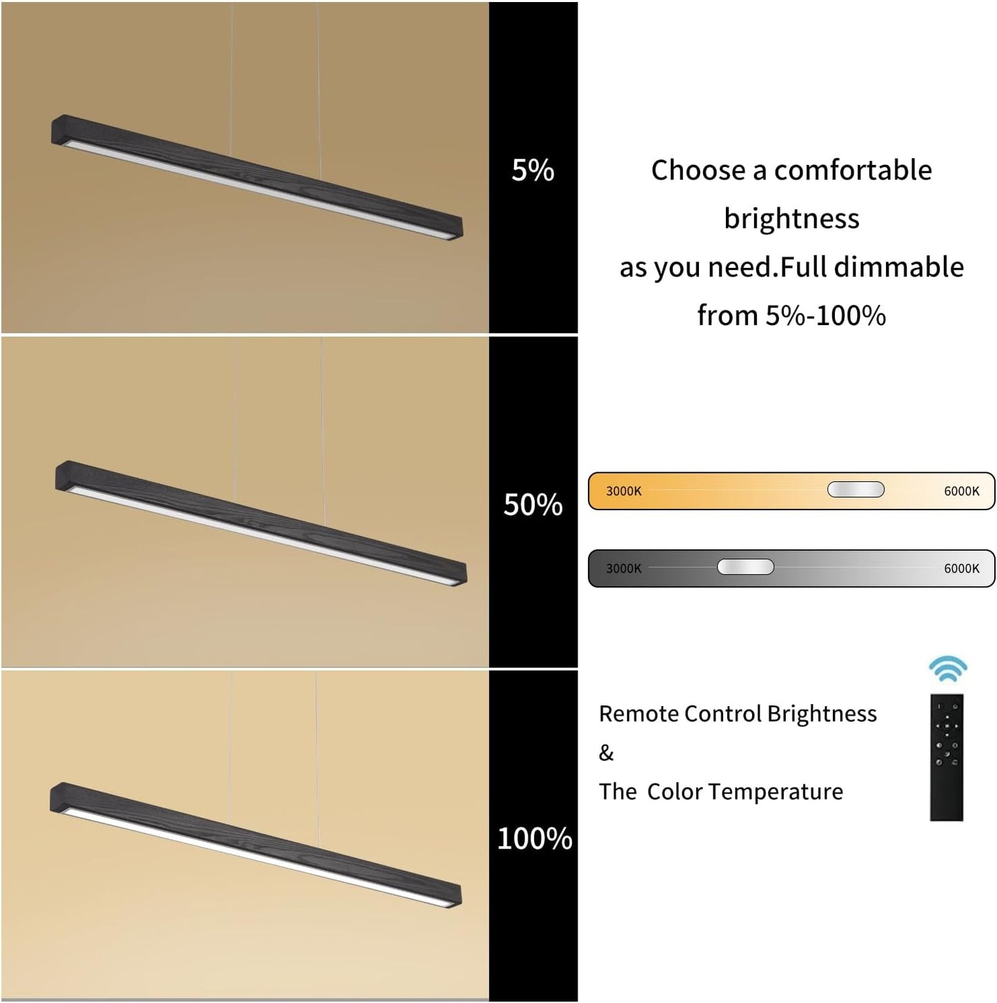 39" Black Linear Pendant Light Wooden Led Modern Linear Chandelier Ceiling Hanging Dimmable Pendant Lights for Dining Room Kitchen Island Pool Table Lights Black Wood Finish
