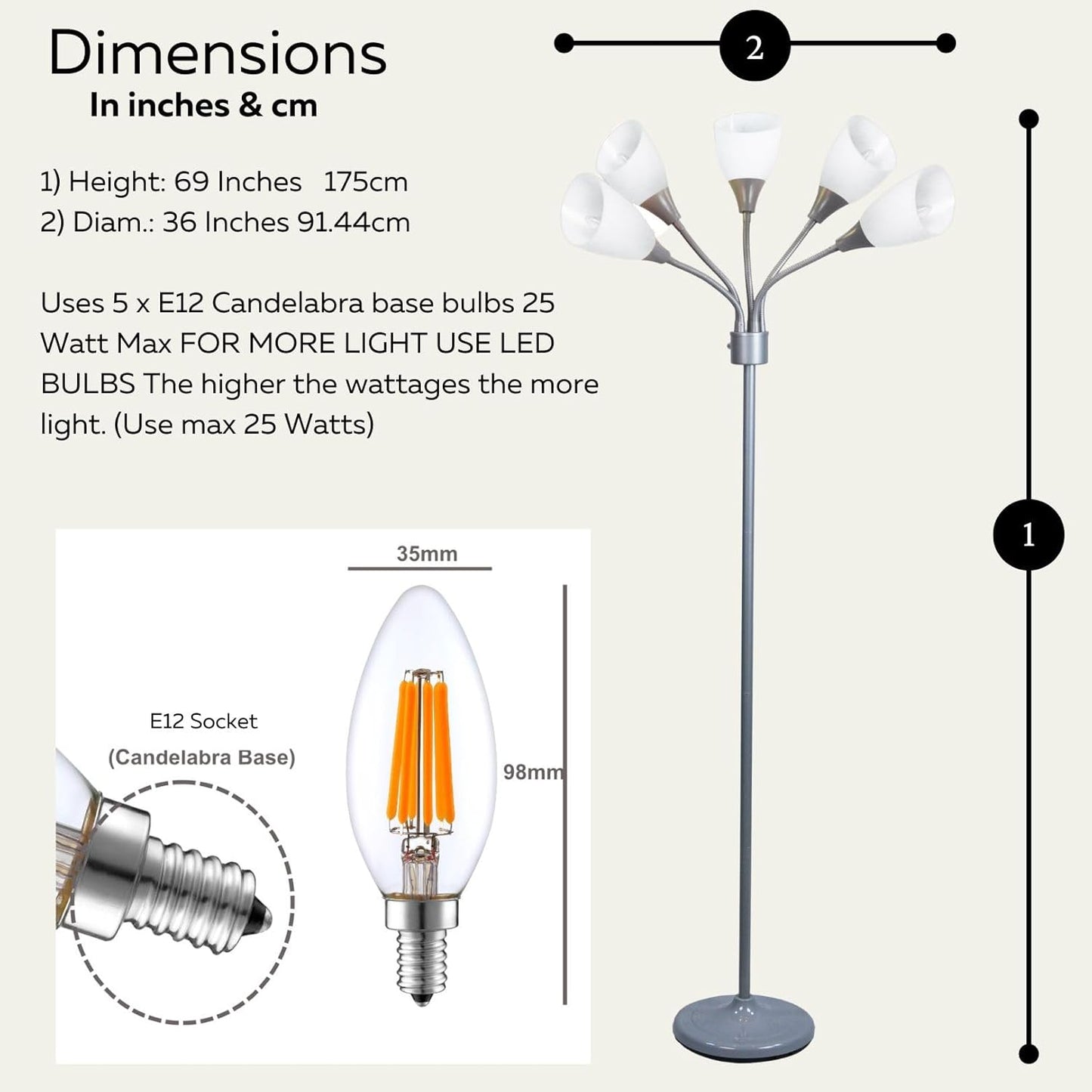 LIGHTACCENTS Medusa 5-Light Floor Lamp – Silver Multi-Head Standing Lamp w/ 5 Adjustable White Acrylic Shades for Bedroom, Living Room, Office