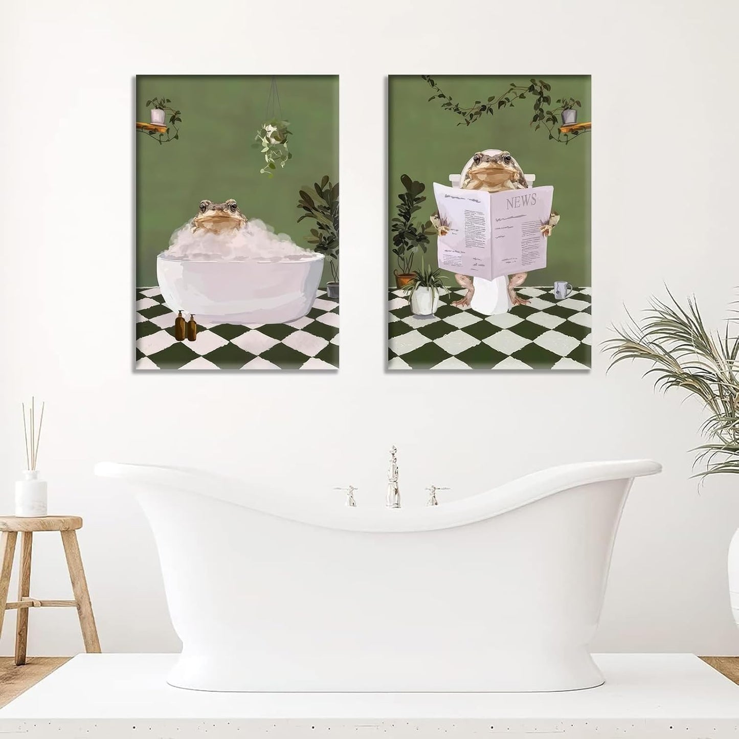 2Pcs Bathroom Frog Wall Art Creativity Aesthetic Maximalist Green Posters Pictures Frog in Bathtub Canvas Painting Funny Retro Eclectic Animal Reading Newspaper Prints Humor Toilet Wall Decor Framed
