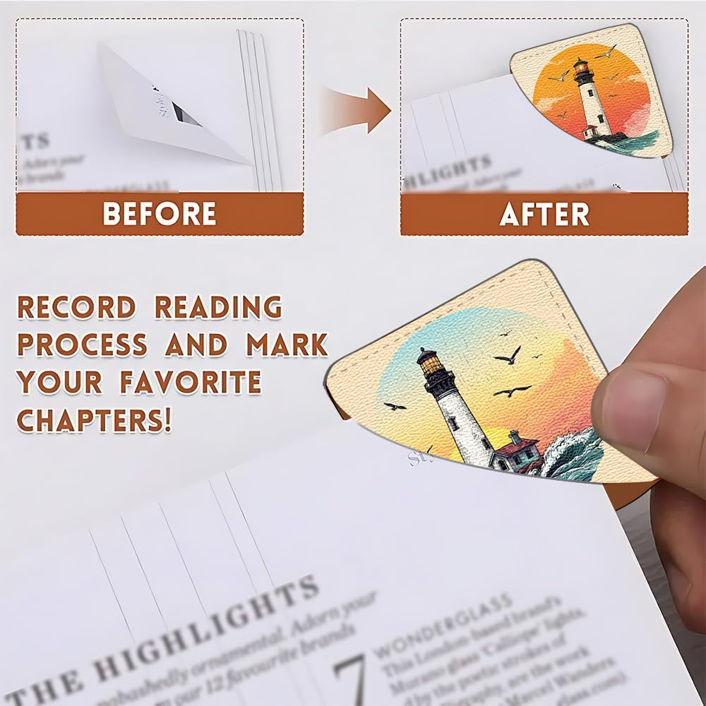 2 PC Bookmark Set, 3.54 x 3.54 Inch Lighthouse Ocean Sunset Design Reading Page Marker with Seagull and Wave Pattern for Students, Teachers and Book Lovers