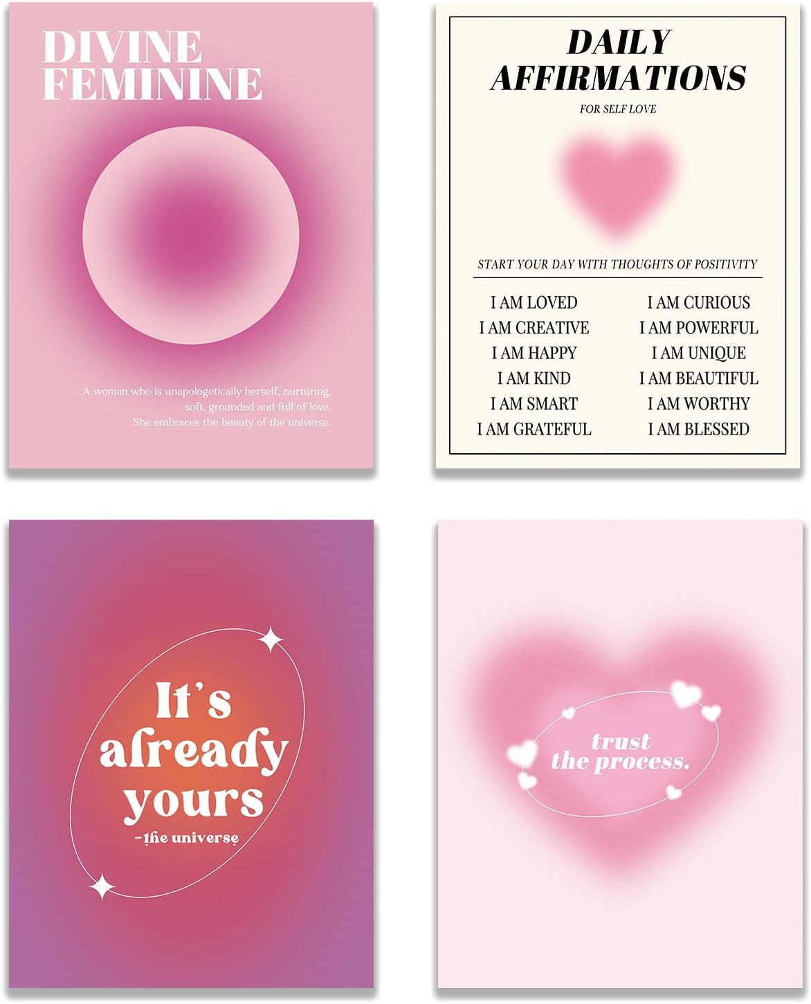 KEUSPI Pink Wall Decor Dorm Daily Affirmations Pink Aesthetic Room Decor Heart Divine Feminine Trust Aura Energy Gradient Wall Art Poster Prints for College Dorm Decor,Spiritual Decorations Posters Unframed 8x10 Set of 4