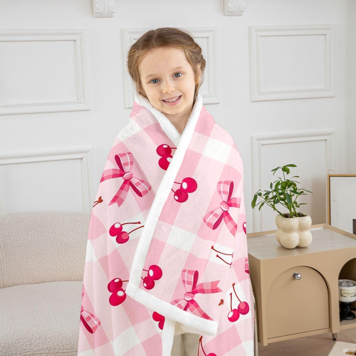 Feelyou Cute Bowknot Sherpa Throw Blanket for Couch Pink Plaid Super Cozy Fleece Red Cherry Blanket for Winter, Plush Throw Kawaii Bow Baby 30"x40" All Season