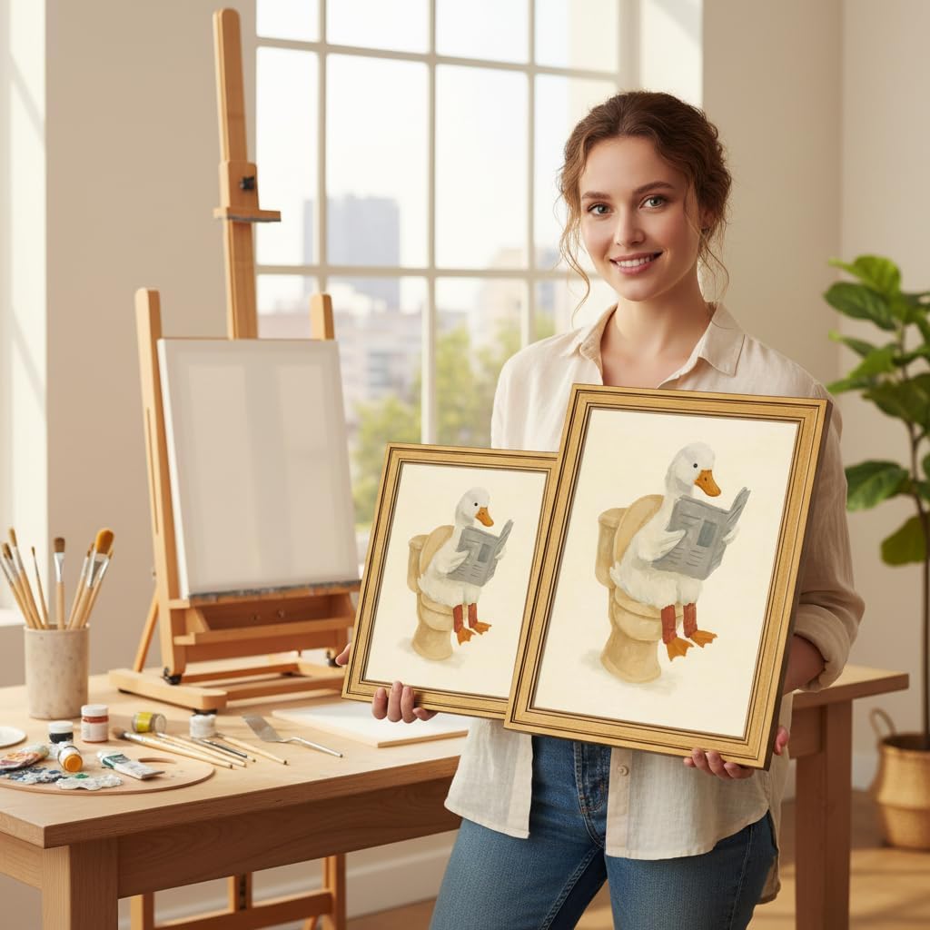 Vintage Gold Framed Duck Bathroom Wall Art Funny Duck Reading on Toilet Painting Picture Wall Decor Kids Bathroom Poster Beige Cute Animal Poster Print Artwork for Bathroom Home Decoration