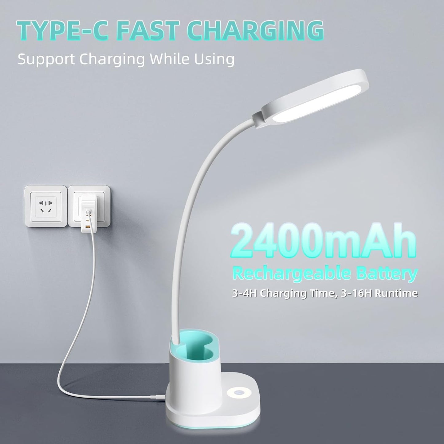 LED Desk Lamp for Home Office Bedroom, 3 Color Modes Dimmable Reading Light with USB Charging Port, Rechargeable Study Lamp for Kids Student with Pen Holder, Table Light 360°Adjustable Arm