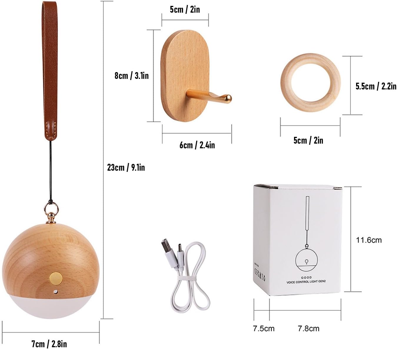 ZJchao Wooden Voice Control Night Light 3 Brightness Levels USB Rechargeable Bedside Lamp with Hanging Strap for Bedroom Nursery Desk