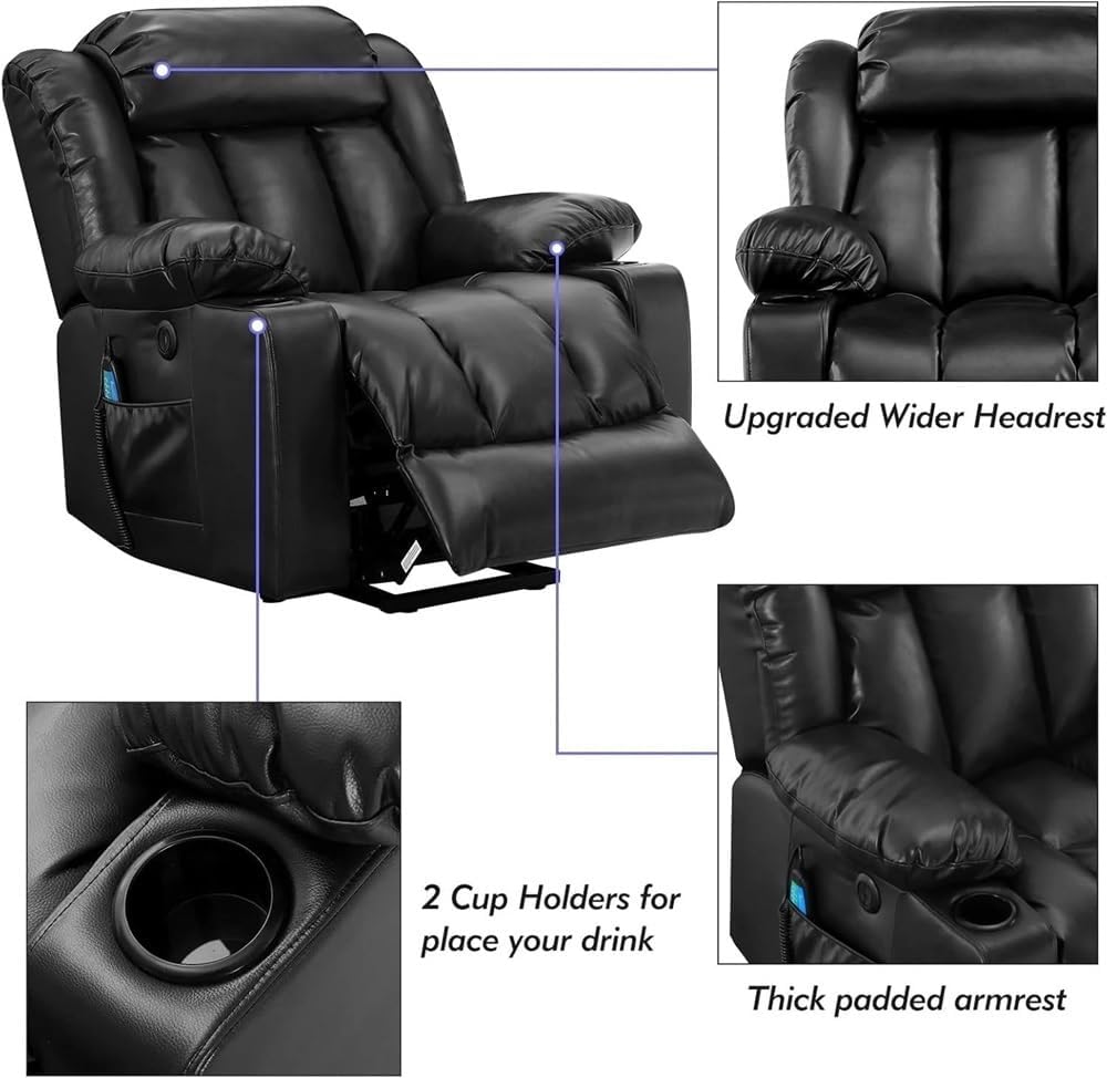 Electric Power Lift Recliner Chair for Seniors with Heat & Massage, Leather Upholstery, Breathable Big Reclining Lift Chair with 2 Cup Holders, USB Ports, Side Pockets