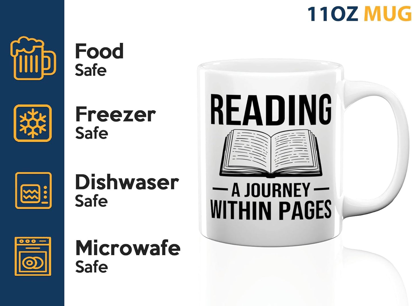 Book Lover Coffee Mug 11oz White -Reading A Journey - Bookworm Literature Library Book Lover Reader Booked Editor Intellectual Studious