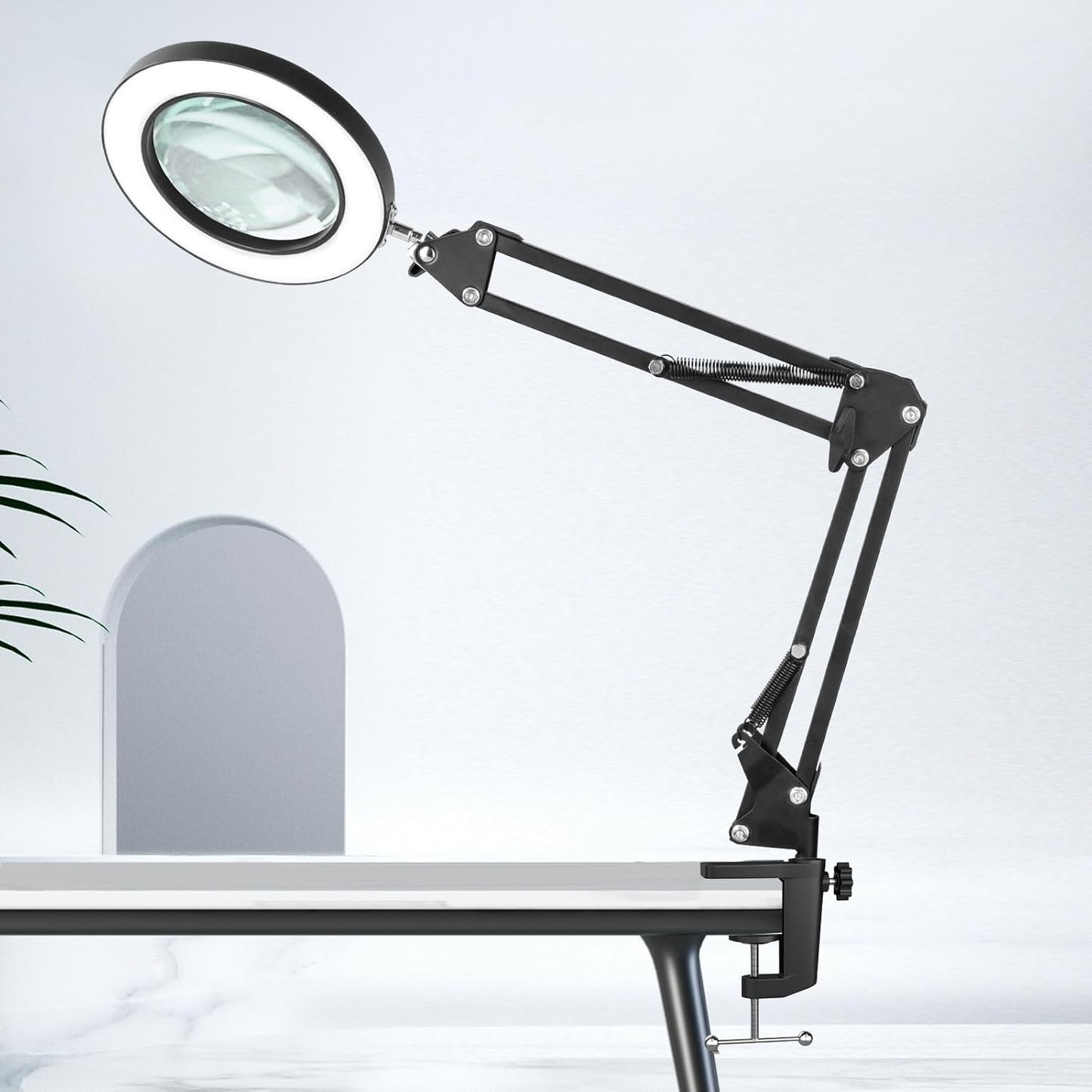 HITTI 10X Magnifying Glass with Light and Stand, Stepless Dimming 3 Color Modes LED Magnifier Lighted Glass, Hands Free Desk Lamp with Clamp for Reading Repair Crafts Close Work