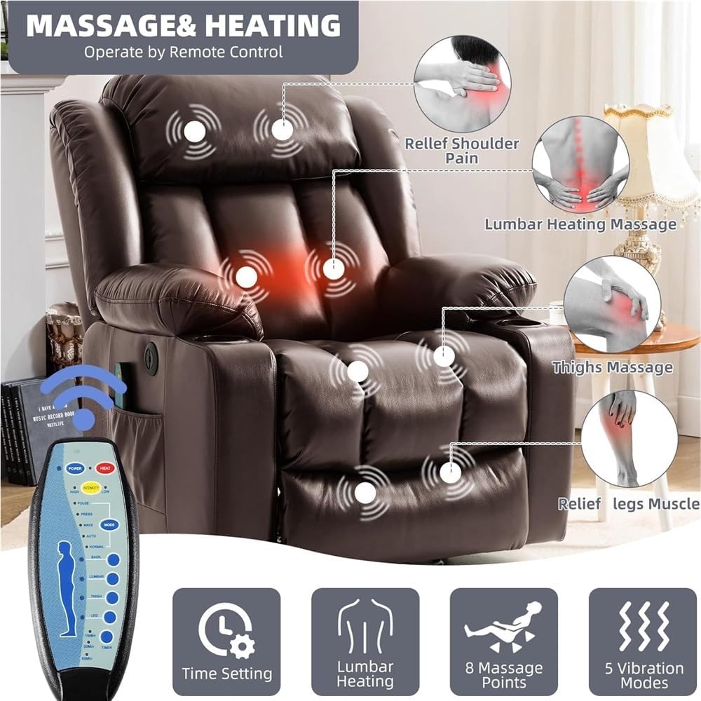 Power Lift Recliner Chair for Elderly, Heavy Duty Electric Massage Sofa with Heat & Vibration, Breathable PU Leather Reclining Seat, 2 Cup Holders, USB Ports, Side Pockets