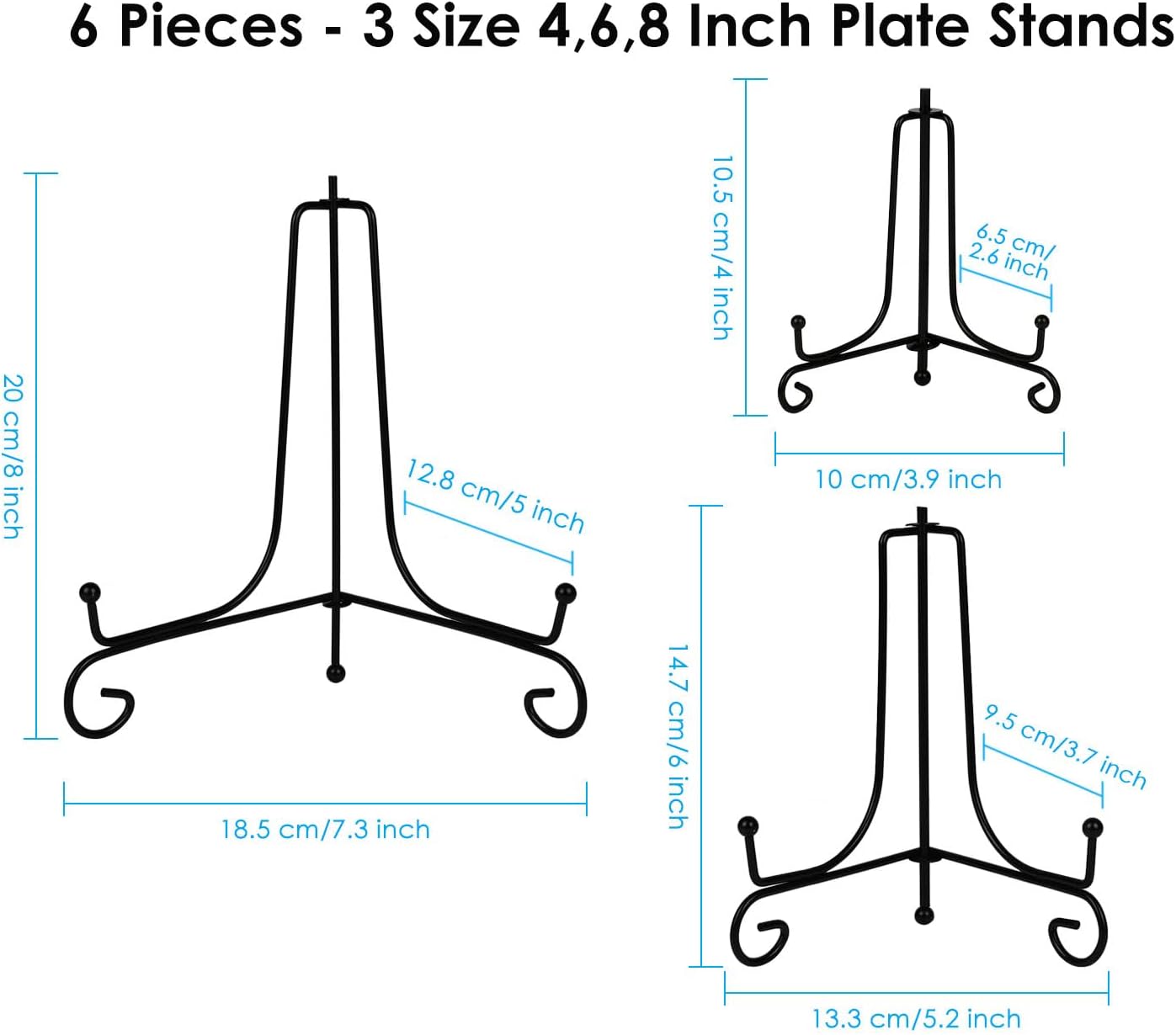 DS. DISTINCTIVE STYLE 6-Piece Metal Tabletop Display Stands - 3 Sizes (4, 6, 8 Inch) Black Picture Frame Holder for Plates, Paintings, Books, etc.