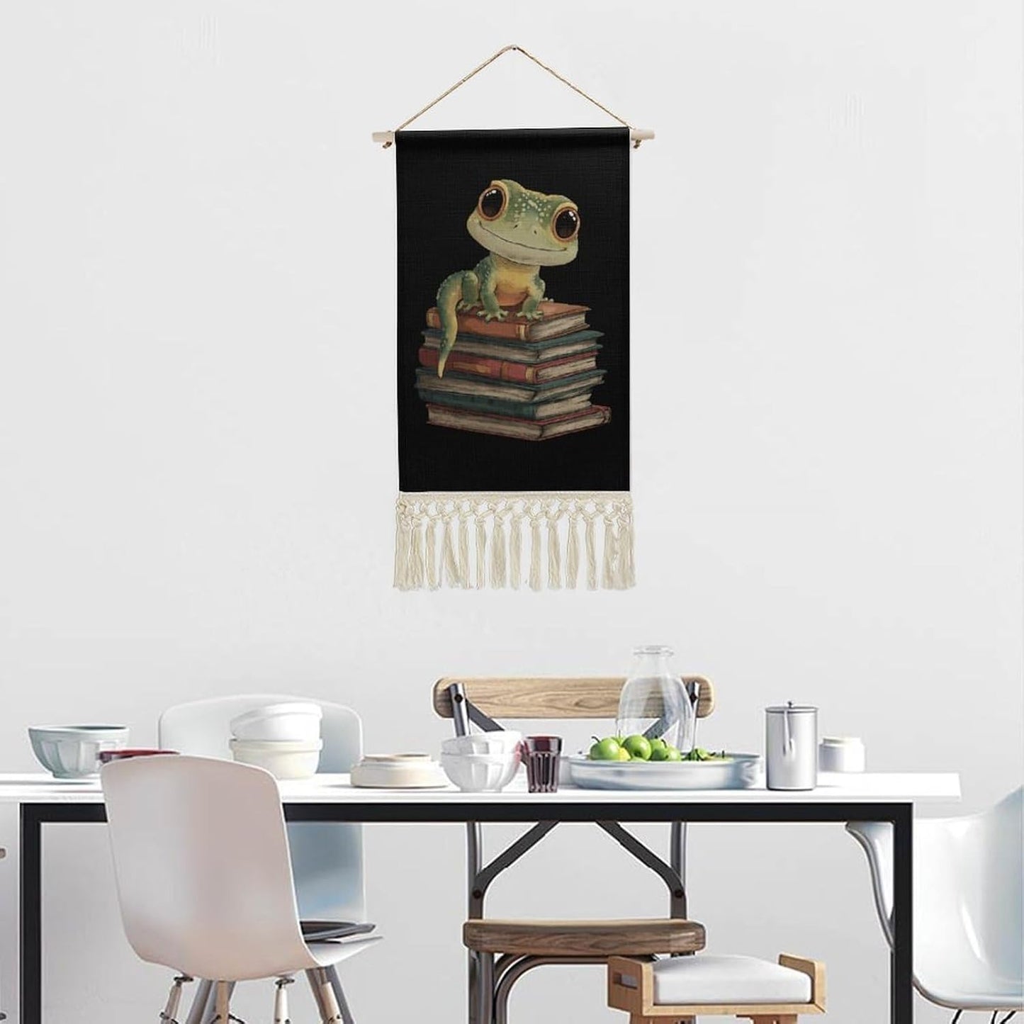 Leopard Gecko Reading Books Retro Poster Hanging Kit Art Picture Canvas Personalized Home Decor with Tassel