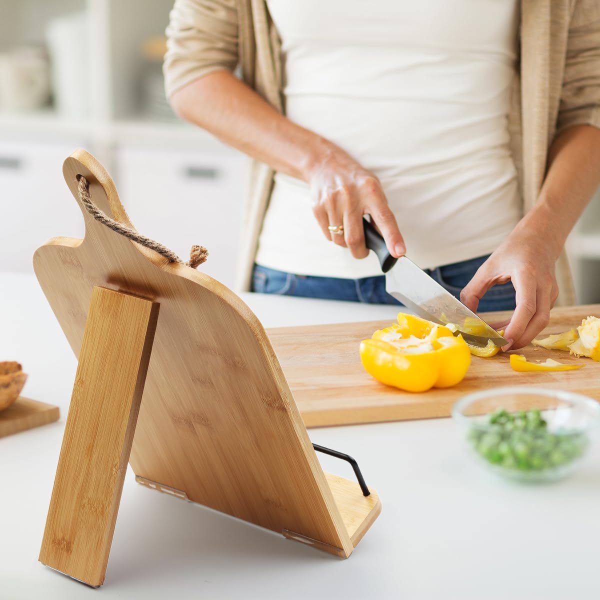 Cookbook Stand, Wooden Cookbook Holder with Measurement Conversion Chart, Adjustable Cook Book Stand for Kitchen Counter, Recipe Book Holder Stand
