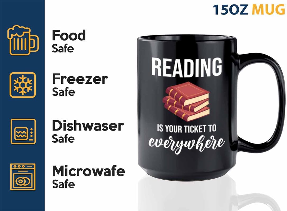Bookish Coffee Mug 15oz Black -Reading ticket to everywhere - Novel enthusiast Book Club Librarian Book Lover Writer Reader Bibliophile