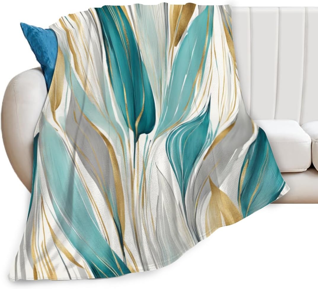 Soft Throw Blanket Watercolor Paint Strokes Pattern Abstract Gold Beige Teal Blue Grey Print Design Lightweight Blanket for Beds, Sofas & Couches - All Seasons Home Décor