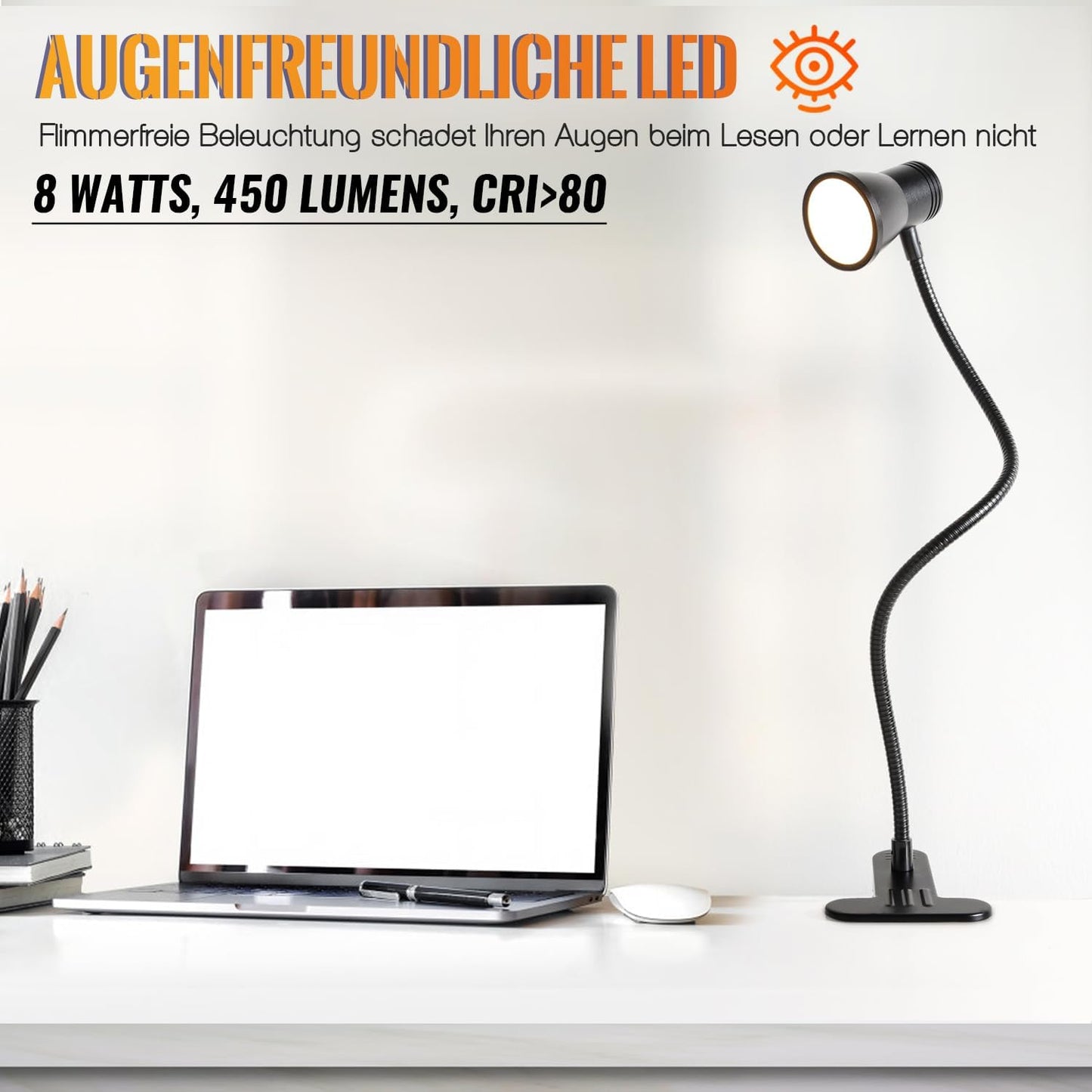 Clip Desk Lamp, USB Reading Light, Flexible Neck Led Clamp Light with 3 Color Temperature Options, 10 Dimmable Brightness Levels for Working, Studying (8W)