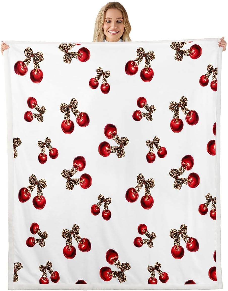 Feelyou Cherry Sherpa Throw Blanket for Couch Leopard Print Super Soft Cozy Fleece Cheetah Bow Blanket for Winter, Plush Throw Cute Cherry Gifts Throw 50"x60" All Season