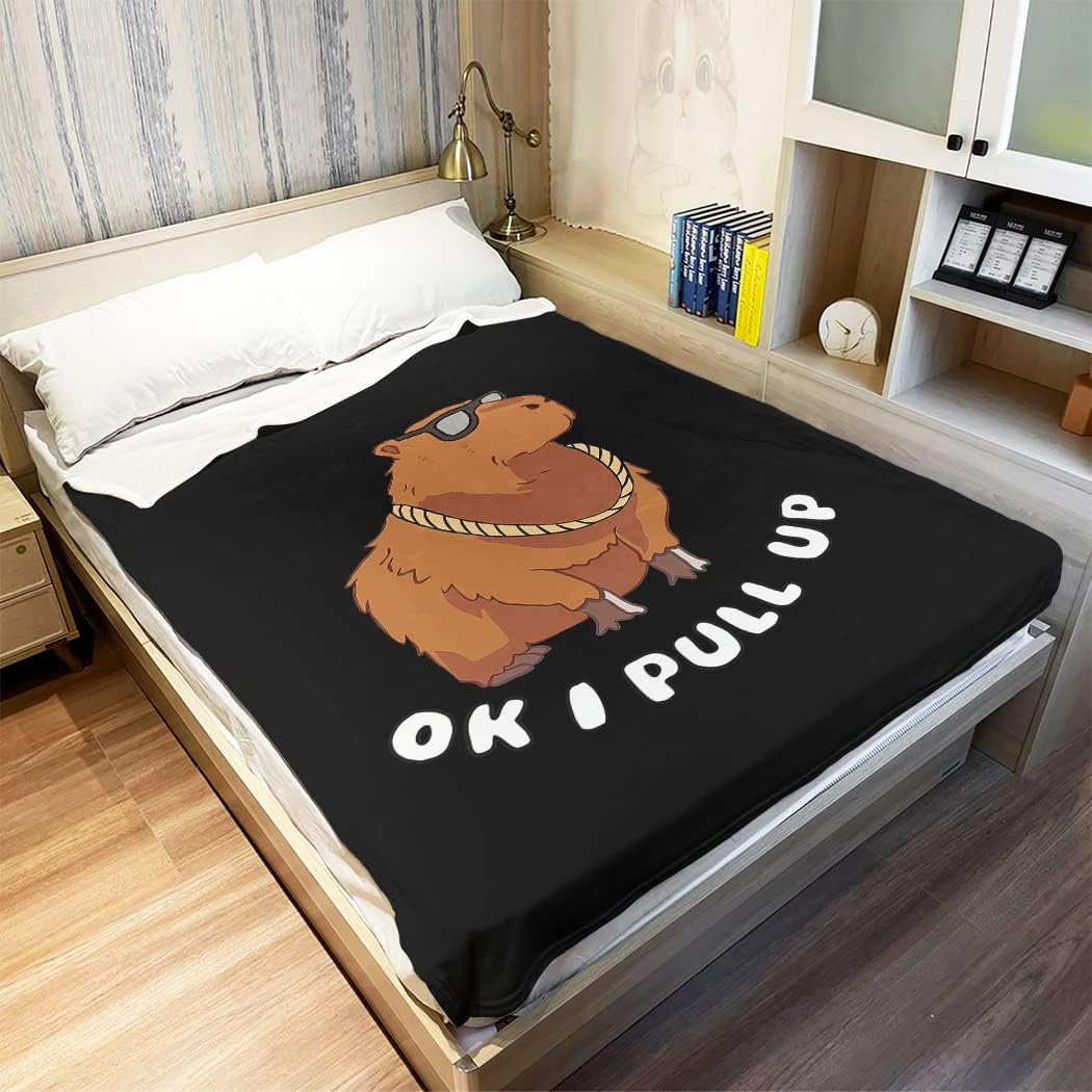 Funny Capybara Throw Blanket, OK I Pull Up Design, Sunglasses Animal Print, Gifts for Capybara Lovers, 60"x80", Black