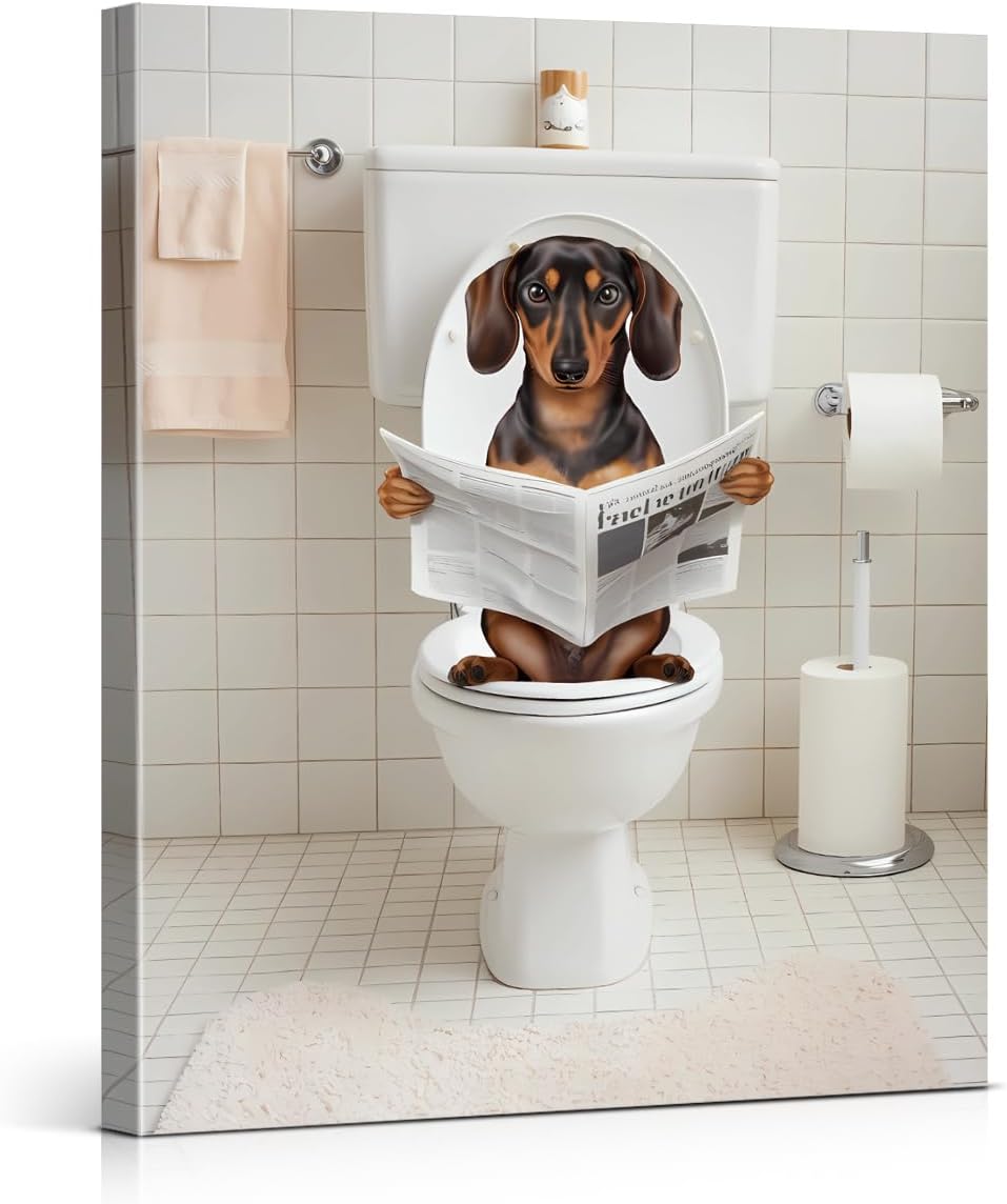 QPVXSST Funny Dachshund Bathroom Wall Art Dachshund Dog Reading Newspaper on Toilet Picture Poster Toilet Humor Modern Artwork Bathroom Wall Decor 8X10 Inches