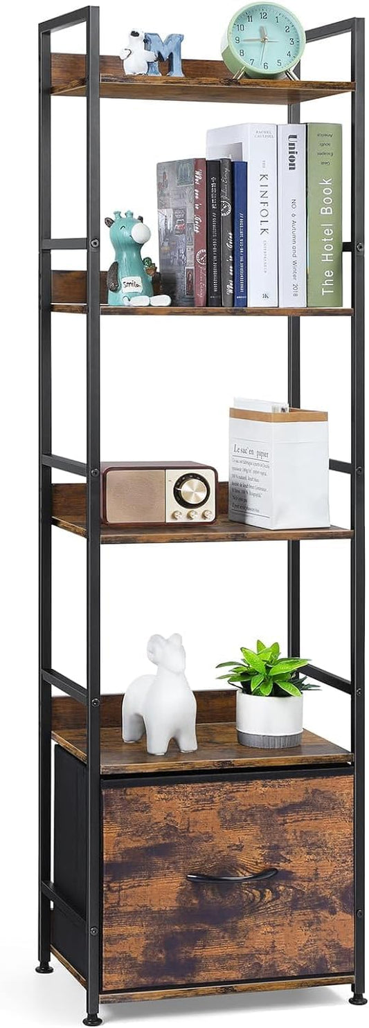 5 Tier Bookshelf with Drawer Wood Metal Rustic Brown,Bookcase with Shelves Tall Narrow, Shelf with Cabinet,Corner Book Shelves Storage Organizer, Display Standing Shelves Unit Bedroom,Living Room