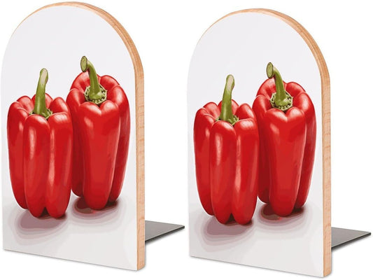 Two Red Bell Peppers Wooden Bookend Non-Slip Book Ends Heavy Duty Book Stopper with Metal Base Books Holderd Decorative Bookends Stands Firmly for Office Supplies