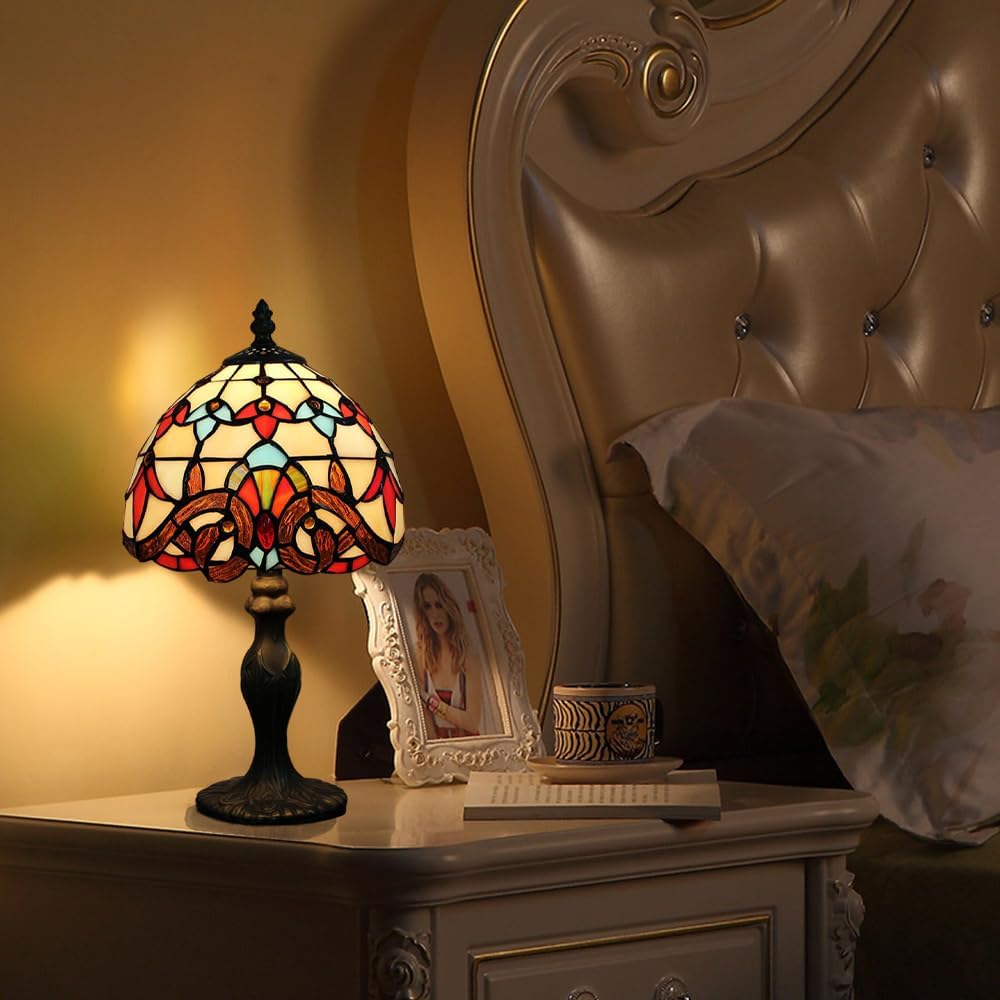 Table Lamp Tiffany Style 8 Inch Stained Glass Lampshades Small Bedside Lamp Reading Antique Desk Light Livingroom Bedroom Office Vintage Art Decor(Color:A-8)