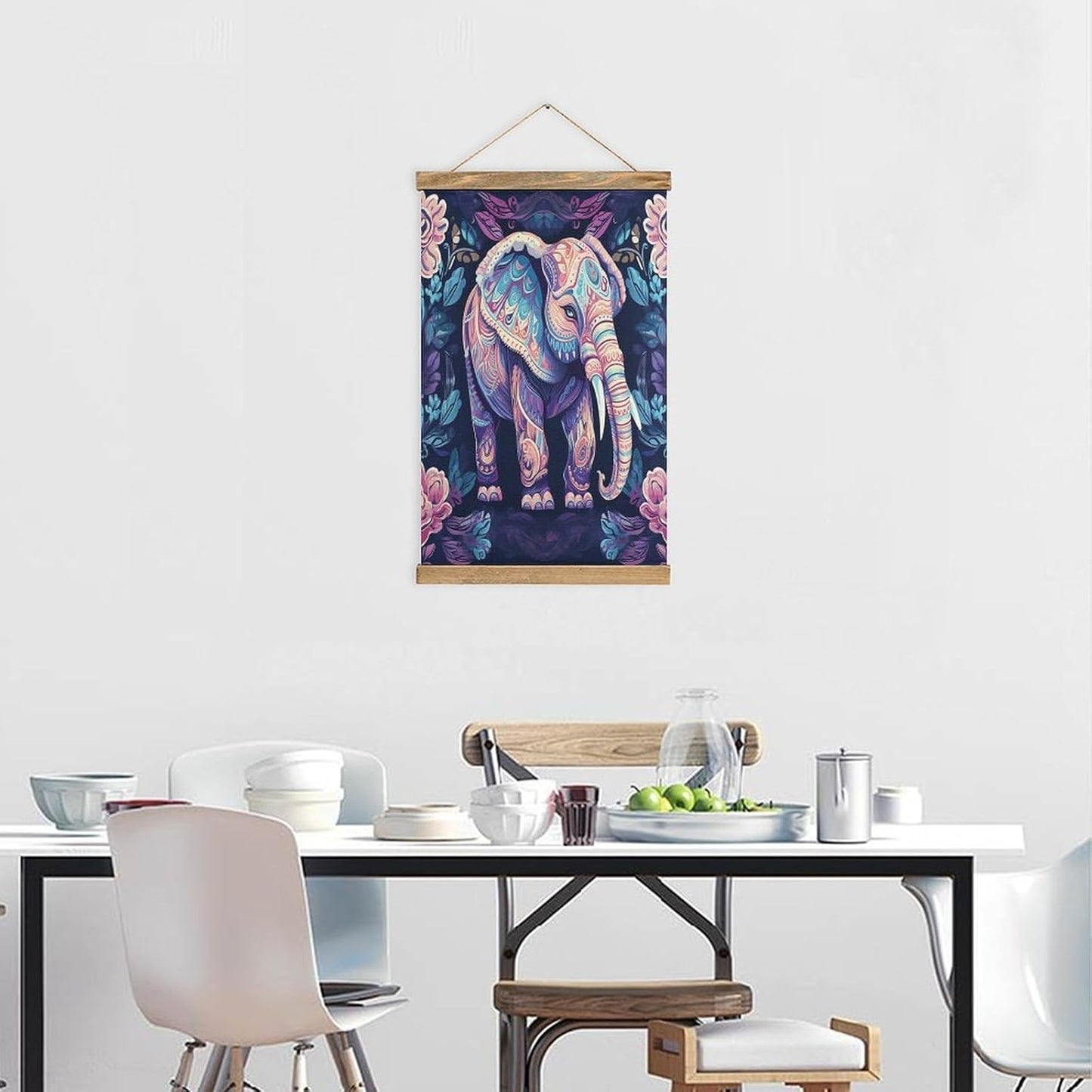 Vintage Purple Elephant Poster with Wooden Frame Personalized Linen Hanging Scroll Painting Rustic Wall Hanging Illustrative Modern Artwork Decor for Home Living Room Bedroom Office
