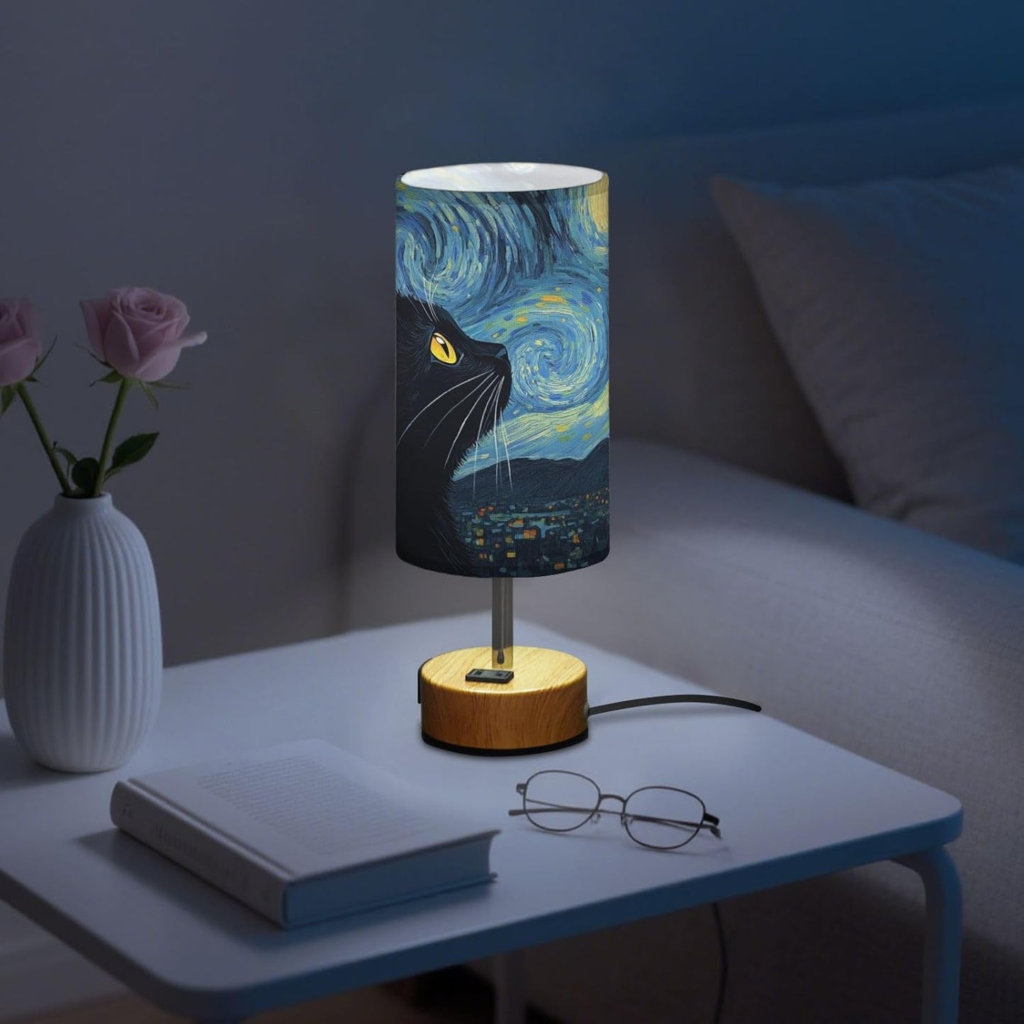 Dimmable Starry Night Art Black Cat Table Lamp with 2 USB C Charging Ports & AC Outlet, Touch Lamps for Nightstand Bedside Small Lamp Night Stand Side Light for Bedroom/Desk, 14 in