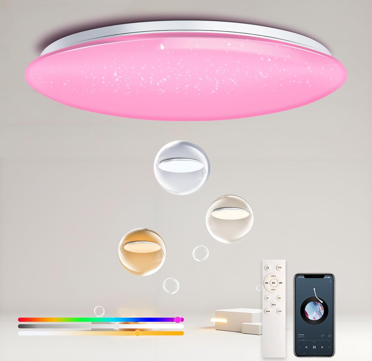 WF-Version LED Ceiling Light with Speaker 40W 13Inch Control via app/Voice/Remote Adjustable Brightness & Color Temperature Ceiling Lamp RGB Ambient Lighting for Bedroom Kids Room and More