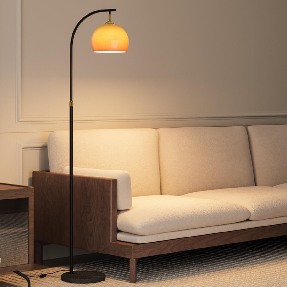 Orange Glass Shade Floor Lamp Adjustable Height Tall Light Bedside Standing Reading Lamp Arc Floor Lamps Rust-Proof Iron Pole Light with Push Button Switch for Living Room Hotel Studio
