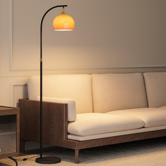 Orange Glass Shade Floor Lamp Adjustable Height Tall Light Bedside Standing Reading Lamp Arc Floor Lamps Rust-Proof Iron Pole Light with Push Button Switch for Living Room Hotel Studio