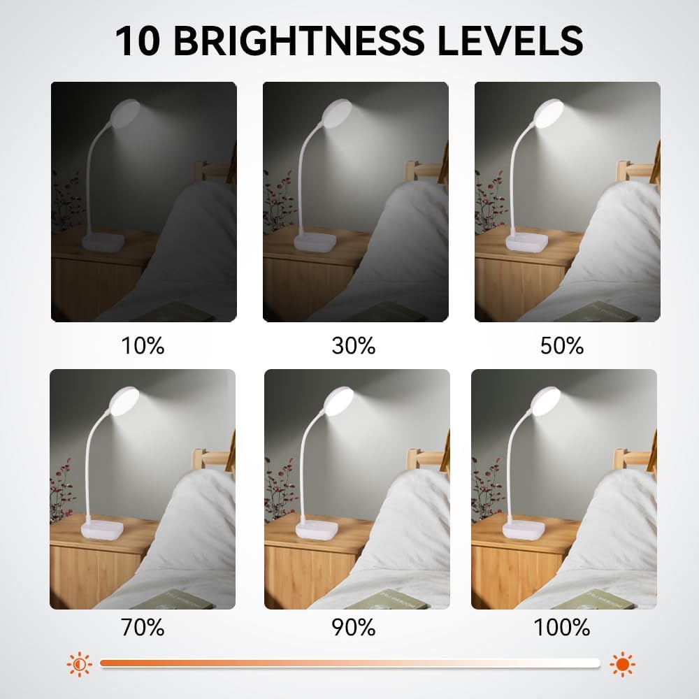 White Small Battery Powered Desk Lamp,Battery operated lamp,5W Rechargeable desk light,3 Colors,Adjustable brightness,360°Gooseneck Hose,Cordless lamps for small spaces,Eye-friendly and Energy Saving
