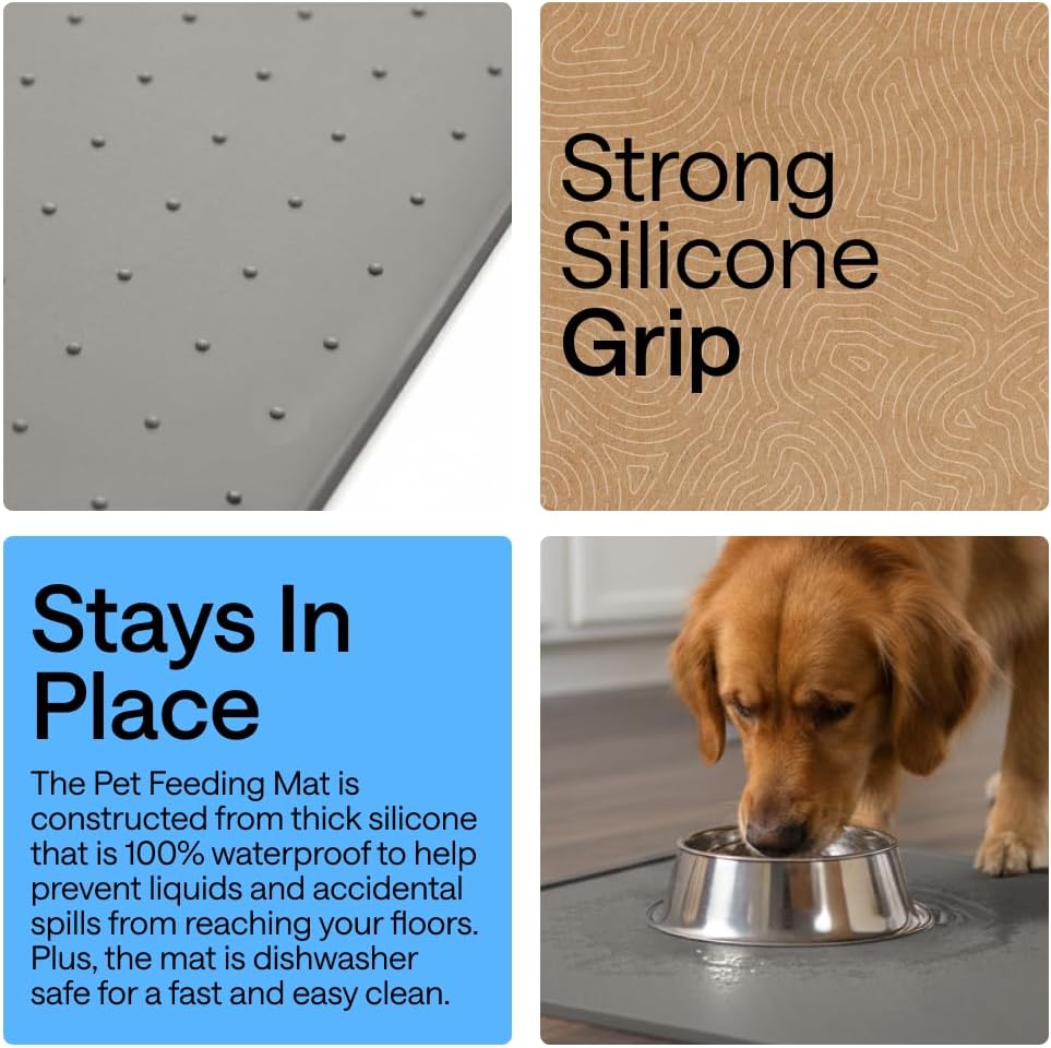 GORILLA GRIP 100% Waterproof Raised Edge BPA Free Silicone Pet Feeding Mat, Dog Cat Food Mats Contain Spills Protects Floors, Placemats for Cats and Dogs Water Bowl, Pets Accessories 18.5x11.5 Gray