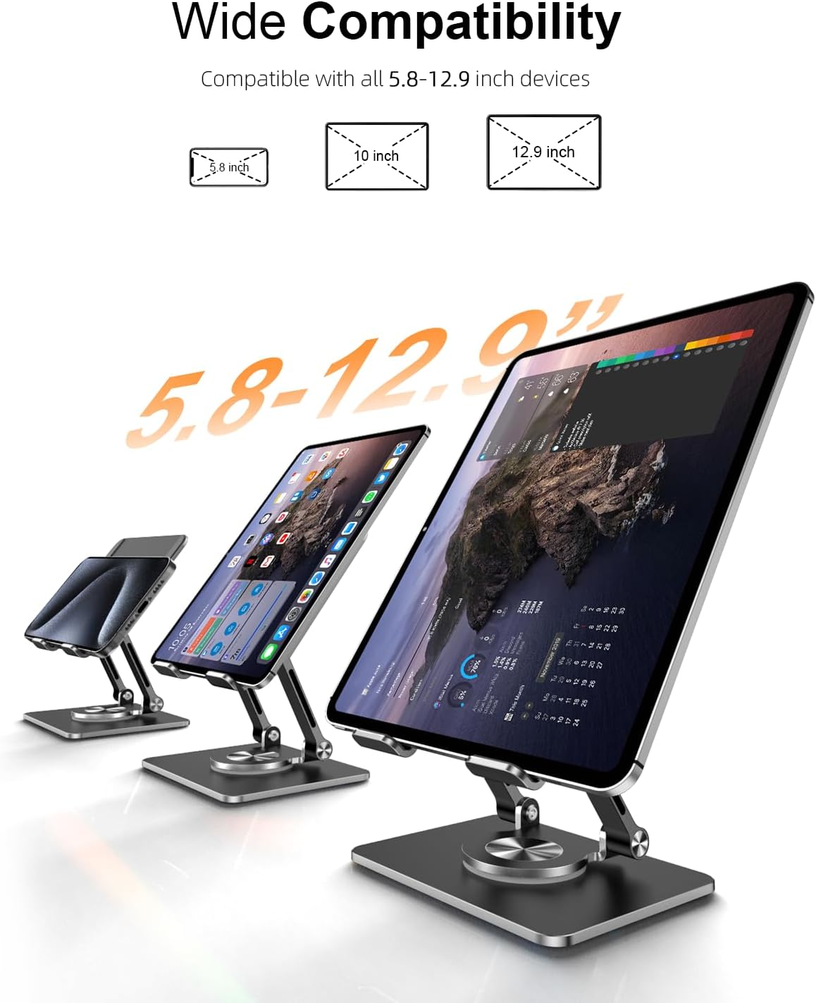 Tablet Stand Holder with Thickened 360°Rotating Base Dual Rod Adjustable Aluminum Stand for All 5.8-12.9” iPad Samsung Phone Tablet Kindle E-Reader and More, Black