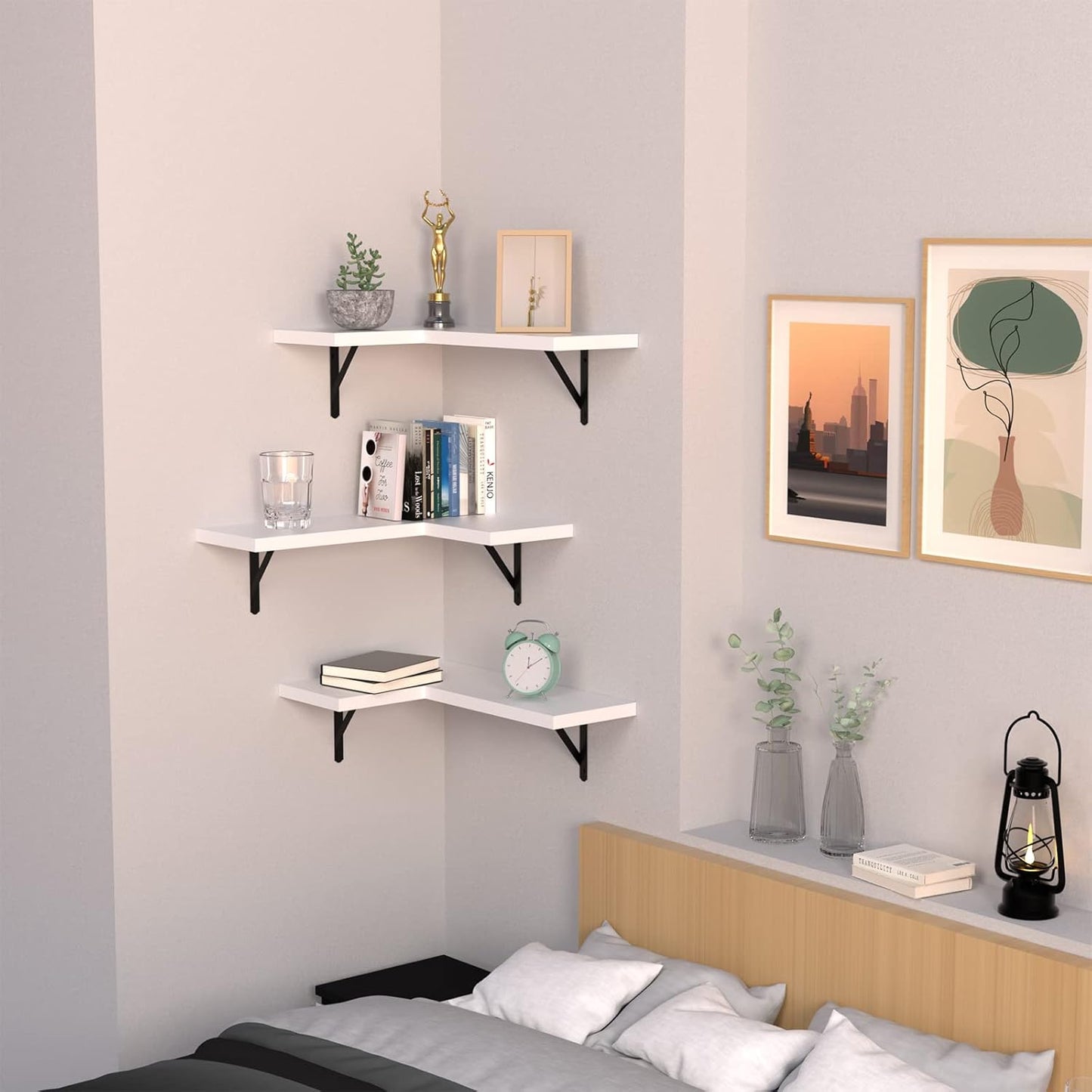 NATURE'S SOURCE Corner Floating Shelves Set of 3, Corner Shelves Wall Mounted, for Bedroom Kitchen Living Room Bathroom Office- Gothic Style (White, Set of 3)