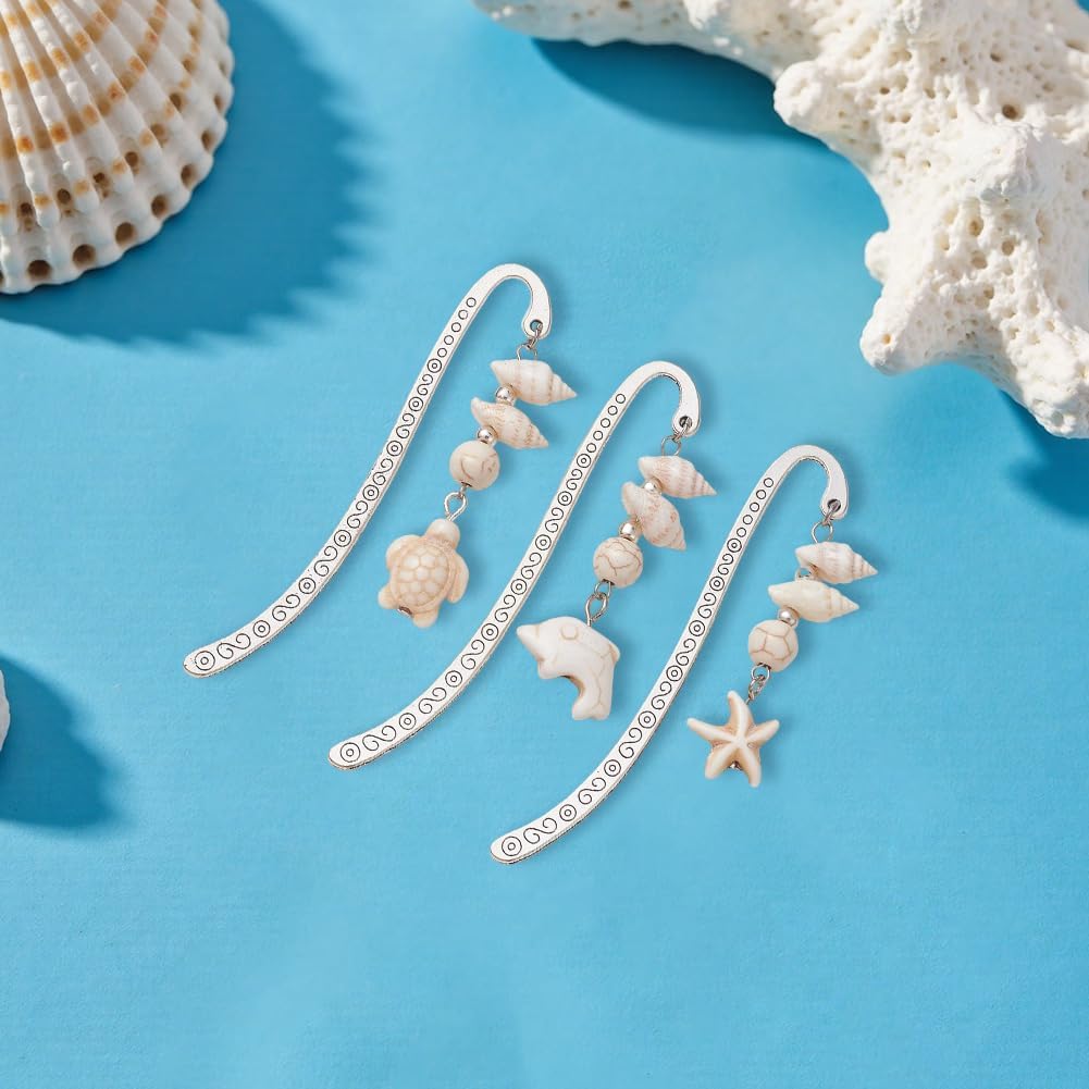 CRASPIRE 6Pcs Ocean Metal Bookmarks Starfish Dolphin Turtle Alloy Wave Shaped Vintage Summer Antique Silver Turquoise Beads Gemstone Beading Pendant Tassel for Book Lovers Teacher Student Birthday