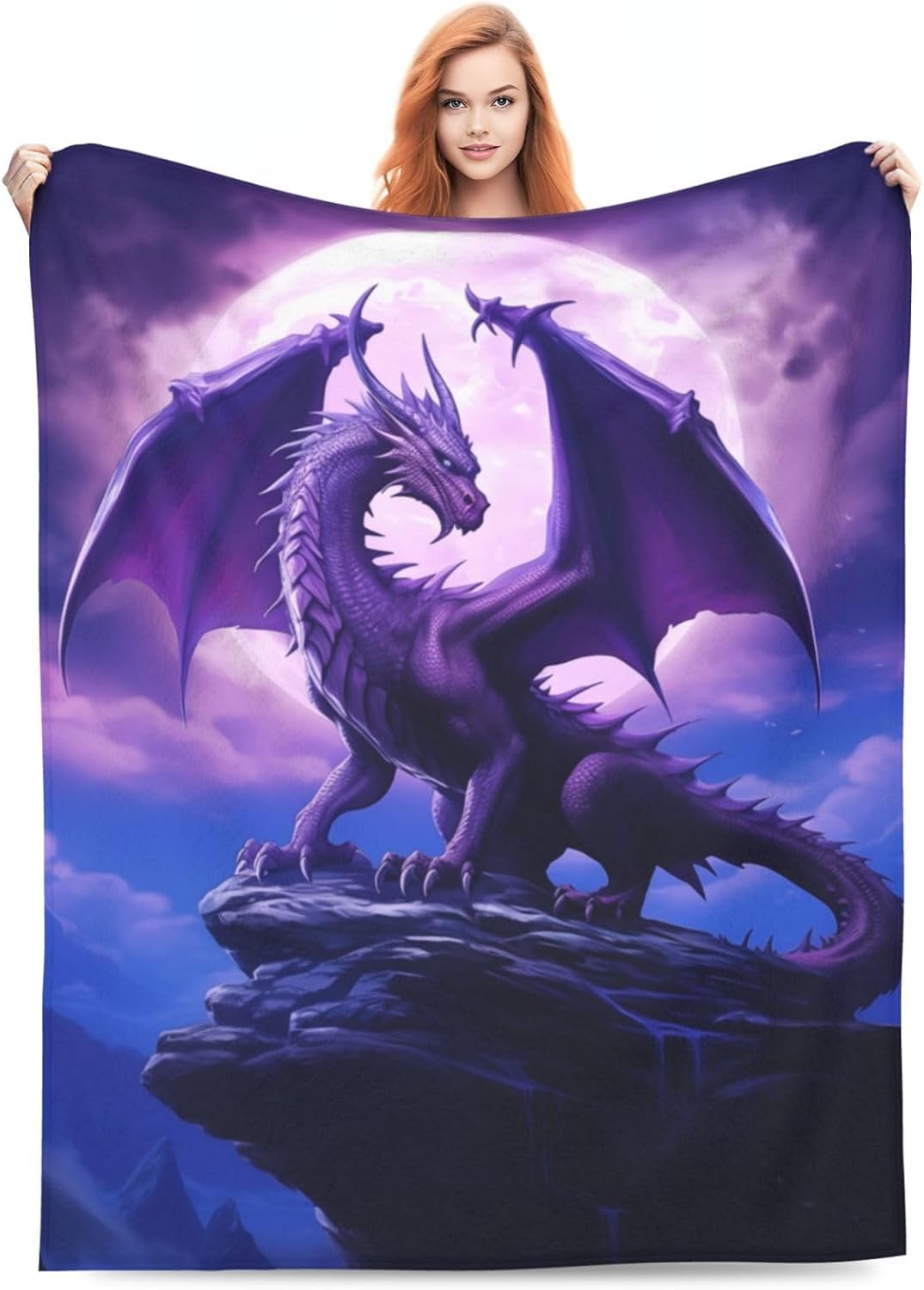Fantasy Purple Dragon Blanket Gifts for Adults Boys Moon Cliff Flannel Throw Blankets Soft Comfy Lightweight for Home Decor Couch Bed Sofa 80x60 Inches