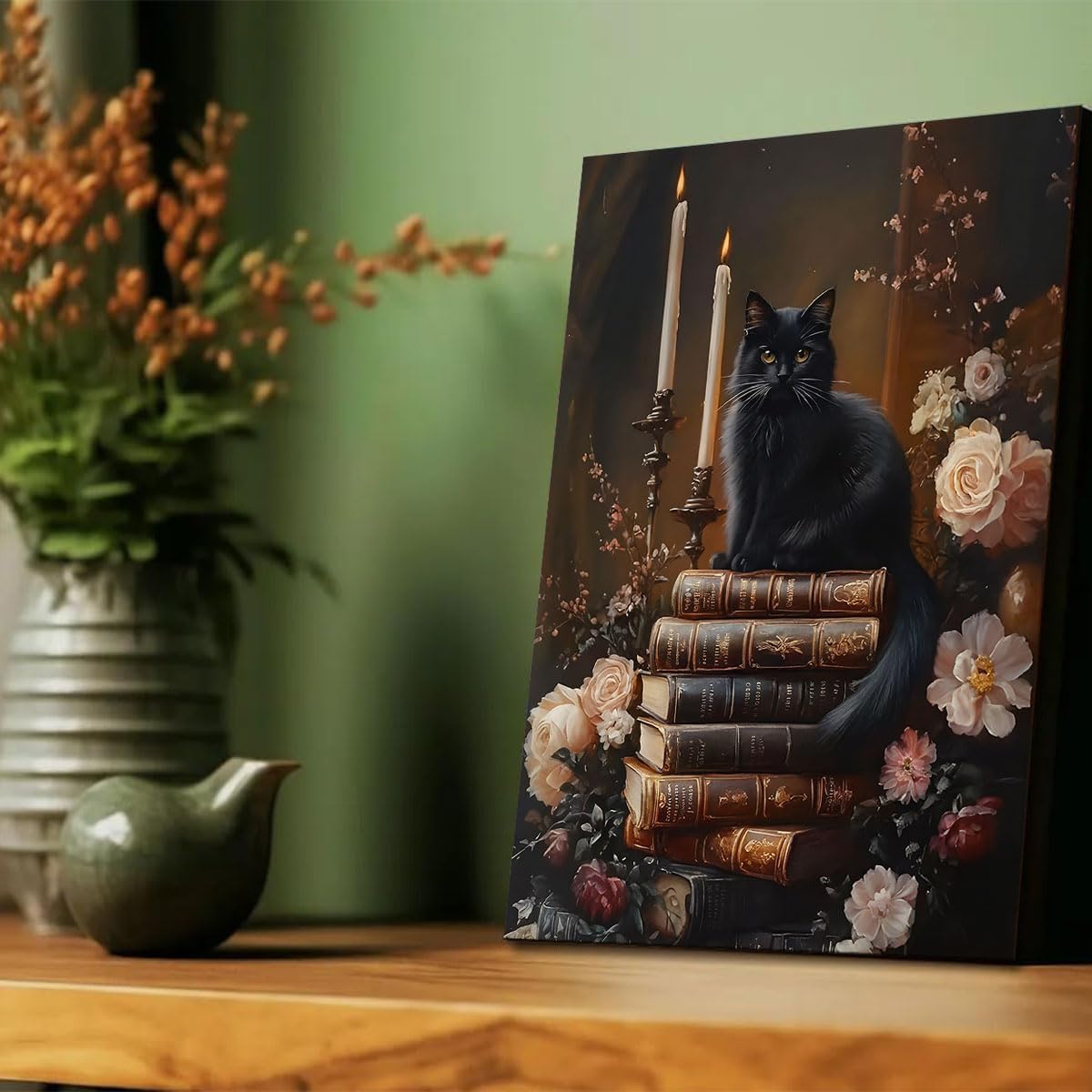Framed Dark Academia Moody Wall Art Victorian Black Cat Wildflower Book Floral Wall Decor Picture Painting Artwork Vintage Black Cat Books Wall Art Gothic Vintage Antique Aesthetics Poster Print for Home Decoration (A, 8x12inch(20x30cm), Framed)