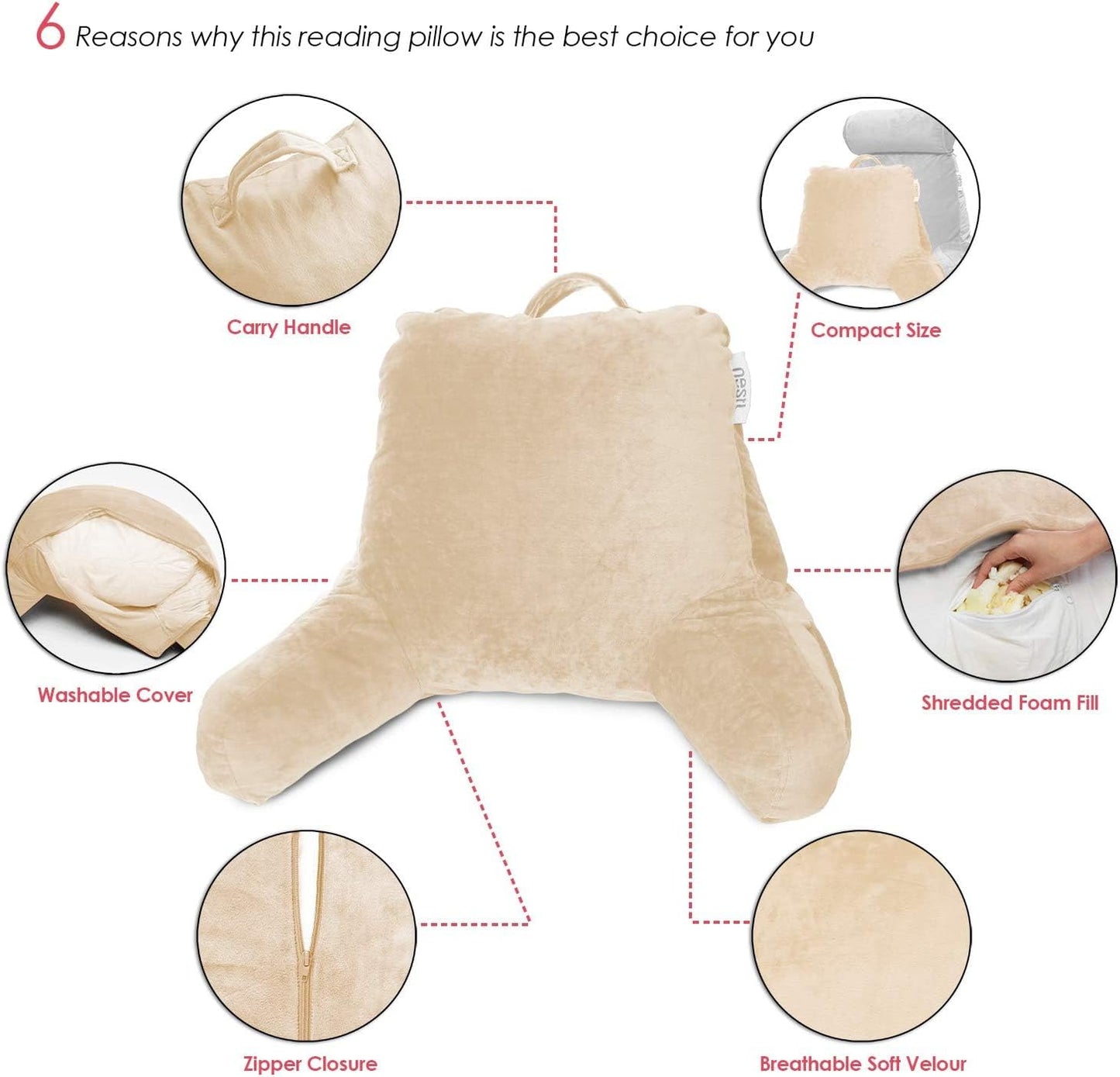 Nestl Reading Pillow with Portable Laptop Lap Desk, Velvet Feel Back Pillow for Sitting in Bed, Shredded Memory Foam Back Support Pillow for Bed, Bed Rest Pillow with Arms, Small - Cream