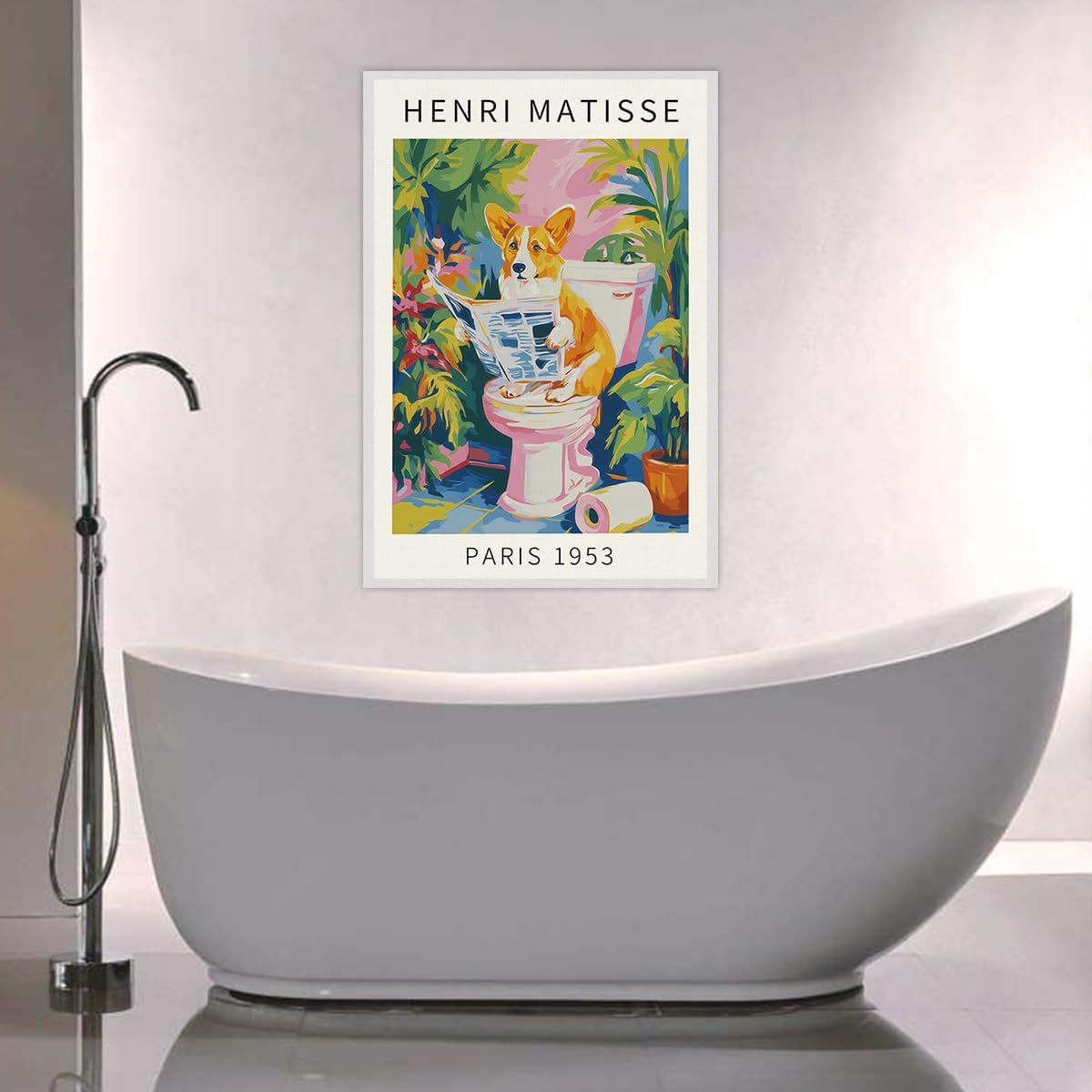 SKINGE Funny Bathroom Wall Art Henri Matisse Room Aesthetics Retro Pink Decor Corgi Reading Newspaper Canvas Painting Print Artworks Animal Bathroom Art Aesthetics Pictures 16x24 inch Unframed