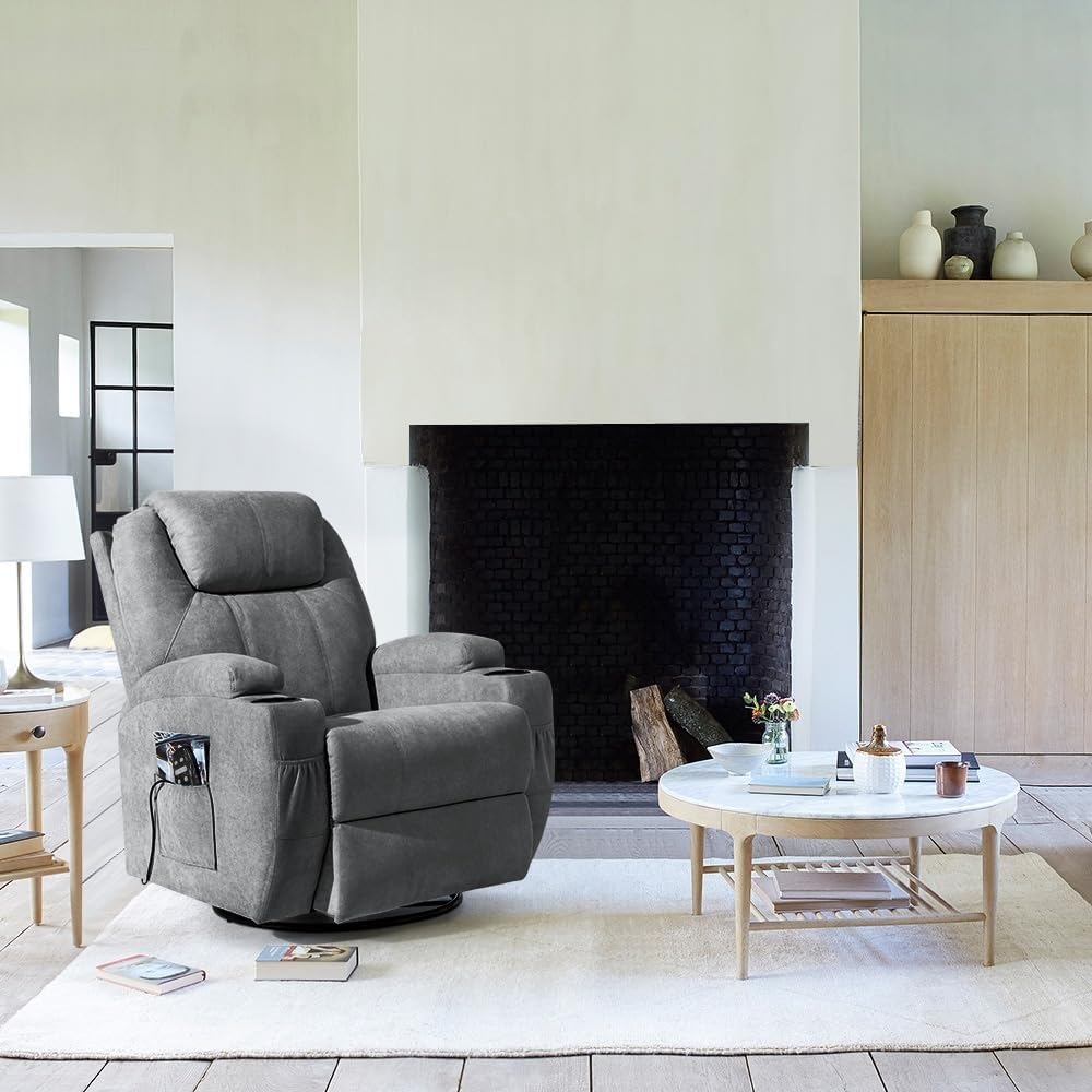 Rocking Recliners Chairs with Massage Classic Swivel Ergonomic Lounge Chair Sofa with 2 Cup Holders Side Pockets for Living Room Home Theater Seat(Gray)